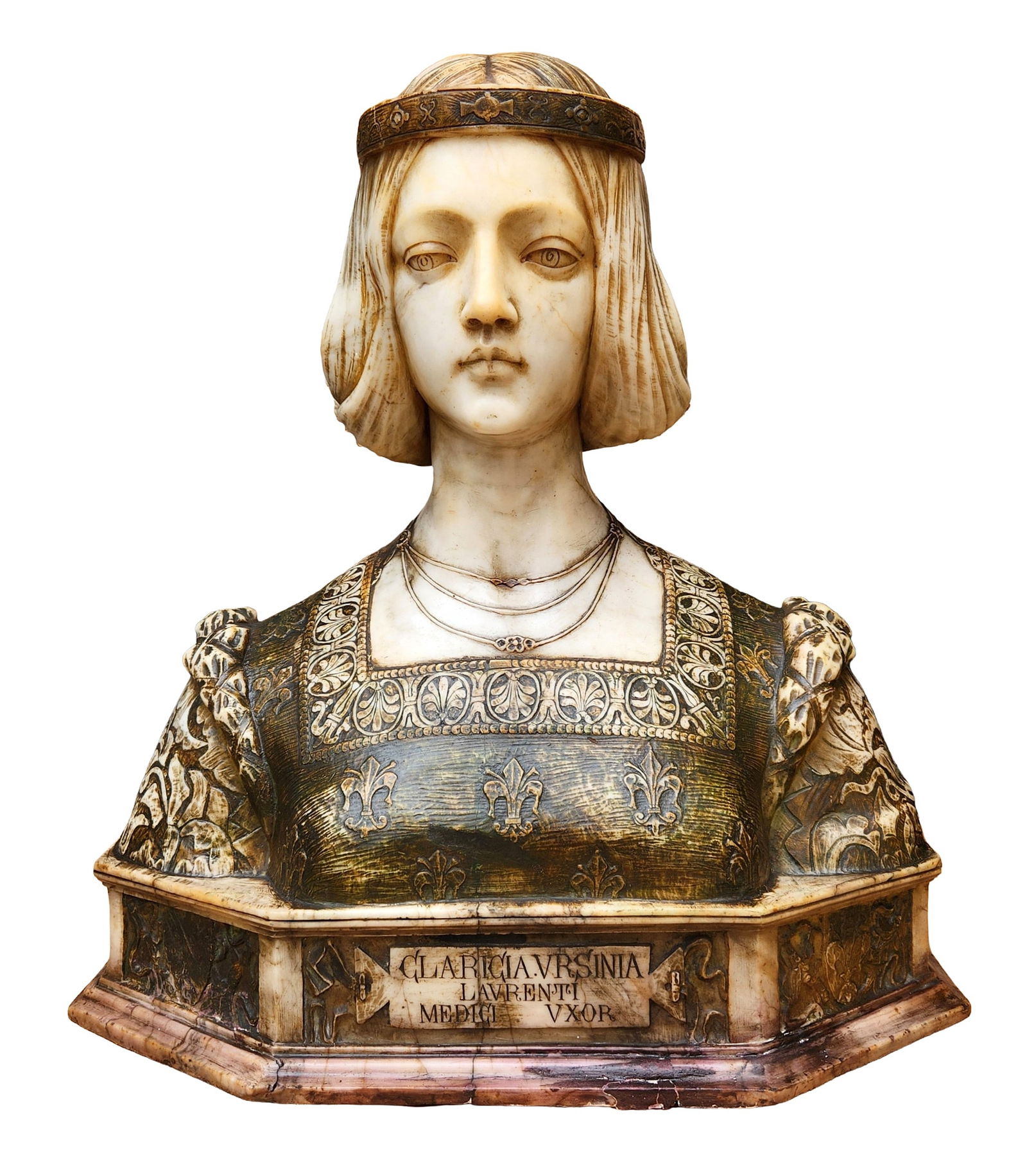 Italian Renaissance-Style Polychrome Marble Bust of Clarice Orsini de’ Medici: Finely carved Renaissance-style marble bust depicting Clarice Orsini de’ Medici, wife of Lorenzo de’ Medici, presented in three-quarter length and wearing period dress richly decorated with incise
