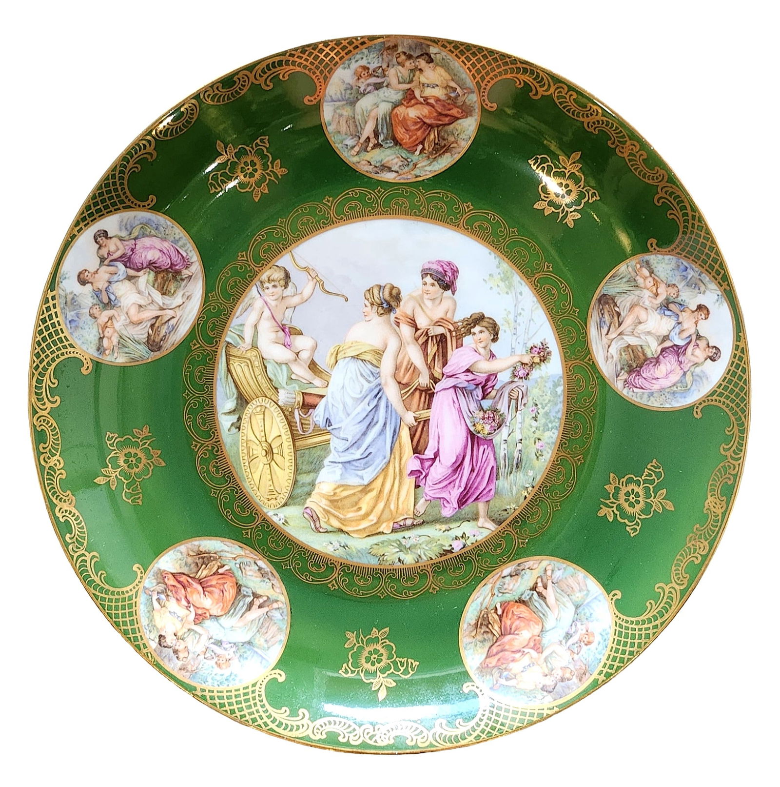 Mitterteich Bavaria Porcelain Cabinet Plate with Classical Figural Scenes, Germany: Decorative porcelain cabinet plate produced by Mitterteich, Bavaria, Germany, featuring richly colored classical figural scenes in the Rococo/Neoclassical taste. The central medallion depicts allegori