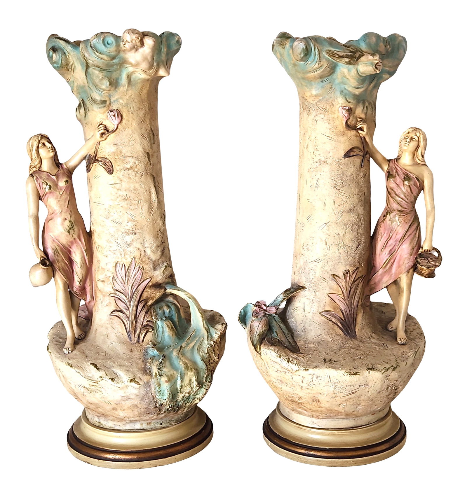 Pair of French Art Nouveau Figural Terracotta Vases, Marked "Terre Cuite d’Art": Exquisite pair of French Art Nouveau terracotta vases, each featuring a finely sculpted female figure in classical drapery, delicately posed beside a naturalistic tree trunk form. Richly detailed with