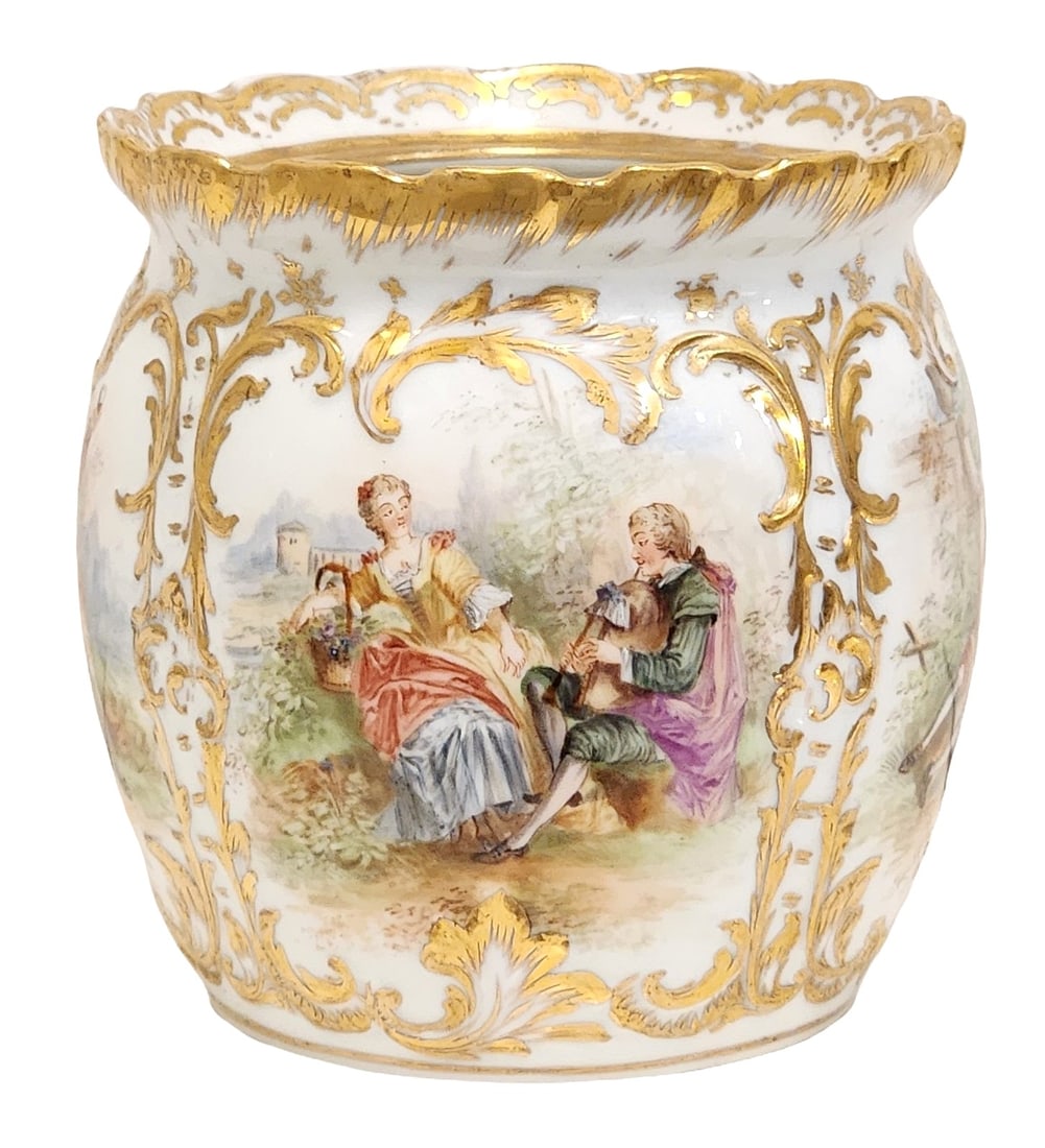 Dresden Hand-Painted Porcelain Cachepot with Gilt Rococo Scenes: Finely decorated porcelain cachepot featuring hand-painted Rococo-style figural scenes set within elaborate gilt scrollwork. The scenes depict courting couples and musical gatherings in pastoral lands