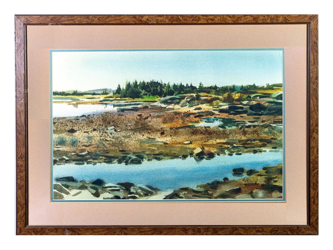 William E. Preston (1930 - 2015) American: William E. Preston (1930 - 2015) American Watercolor on Paper Measure 13 1/4"in H x 20 1/2"in W and 20"in H x 27 1/4in W x 1 1/4"in D with frame Known for: Plein air seascape and landscape painting, i