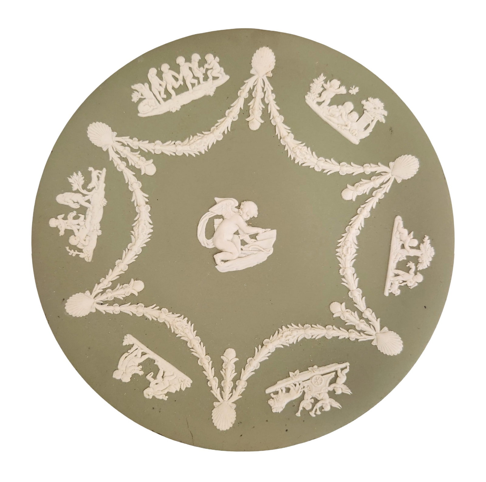 Wedgwood Green Jasperware Plate with Classical Reliefs: Wedgwood green jasperware plate decorated with applied white neoclassical reliefs. The central medallion depicts a putto seated with scrolls, surrounded by garlands and six figural classical scenes in