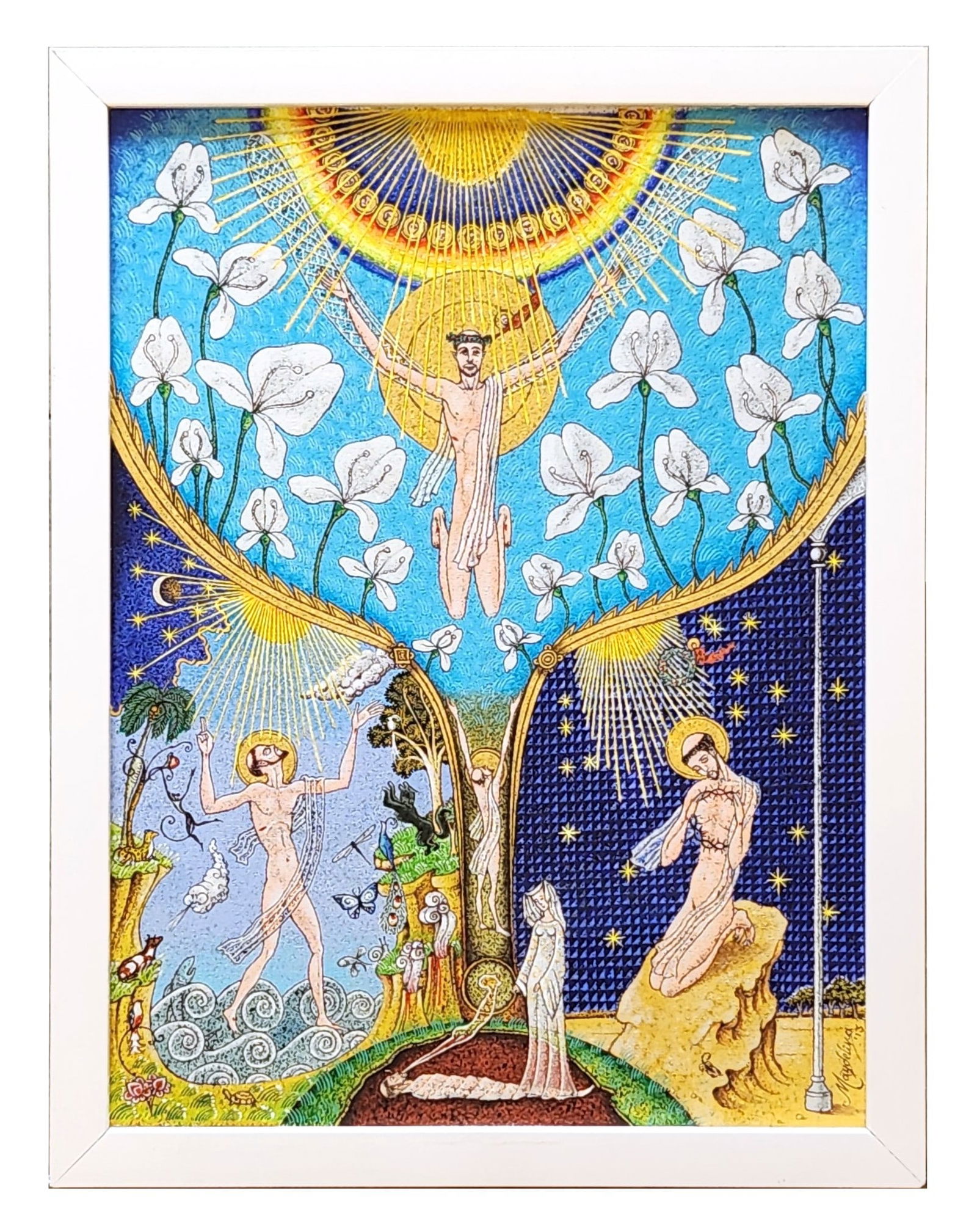 Maydelina Perez-Lezcano (Born 1972) Cuba: Maydelina Perez-Lezcano (Born 1972) Cuba Title: El Cantico de las Criaturas Dated: 2013 Watercolor, Acrylic, Varnish on Canvas Measure 15 3/4"in H x 11 1/2"in W and 17 1/2"in H x 13 1/2"in W framed Bi