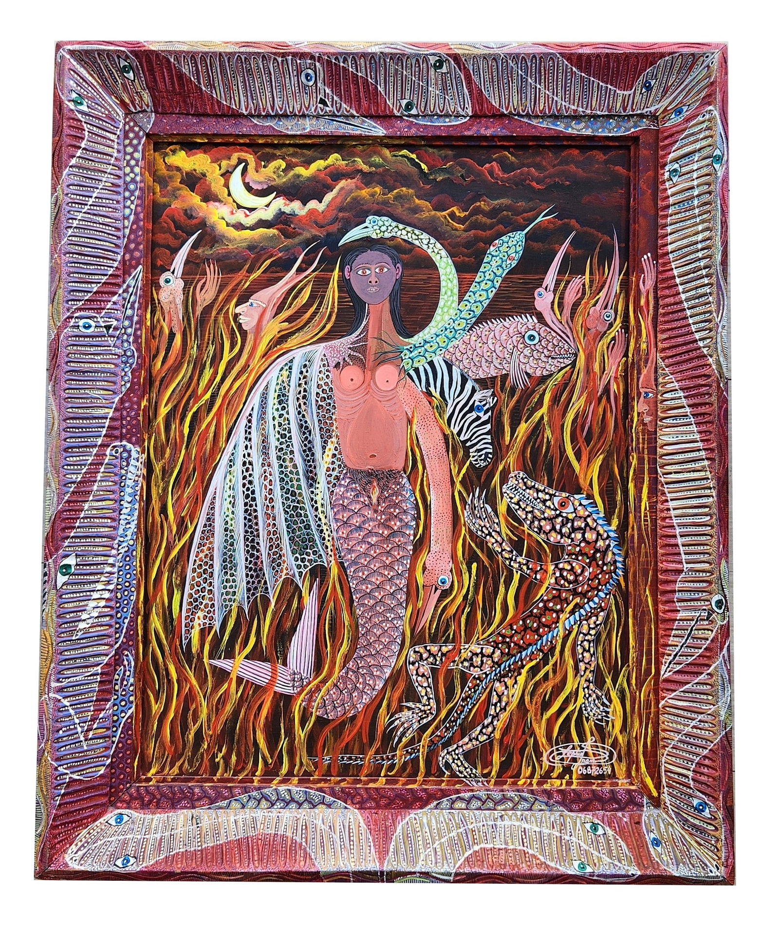 Frantz Zephirin (Born 1968) Haiti: Frantz Zephirin (Born 1968) Haiti Oil on Board Measure 26"in H x 19 1/2"in W and 32"in H x 26"in W x 2 1/4"in D framed Biography: Zéphirin is known for his highly original style, which often features