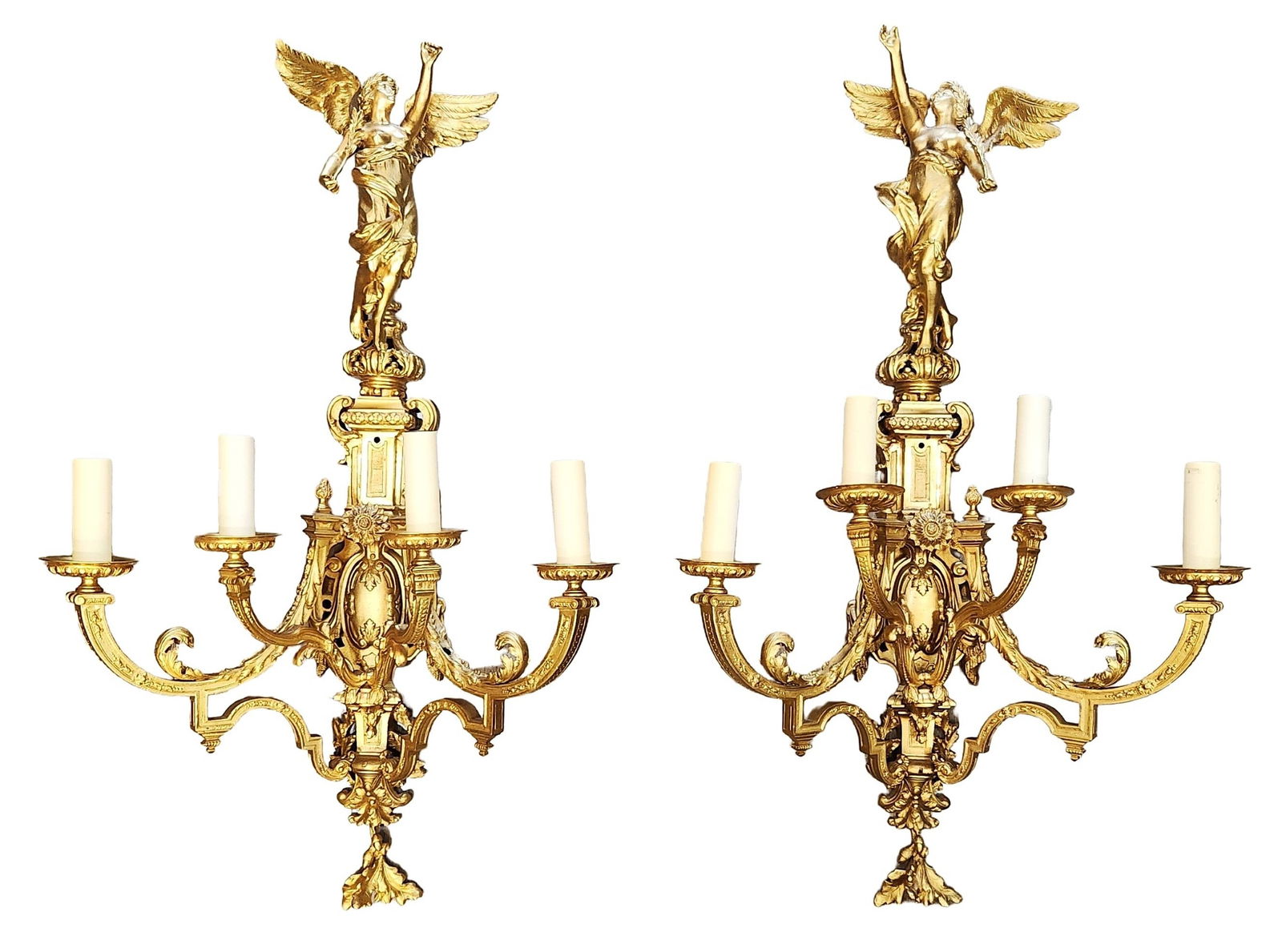 Pair of French Gilt Bronze Figural Wall Sconces, 4 Lights Each, 19th Century (1 of 6)