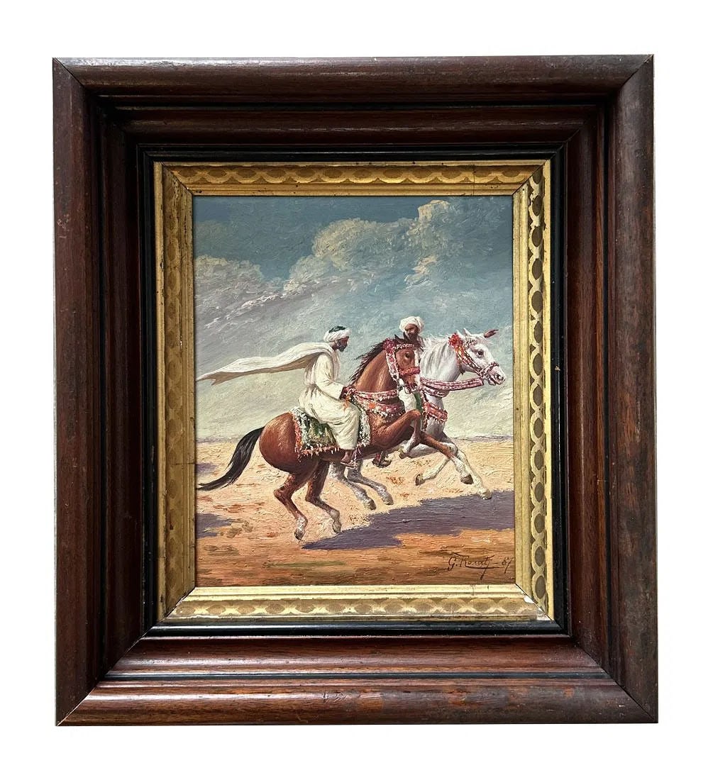 Giulio Rosati (1858 - 1917) Italy: Giulio Rosati (1858 - 1917) Italy Oil on Board Measure 8 1/2"in H x 7"in W and 12 1/4"in H x 11"in W x 2"in D with frame Known for: Orientalist figure and genre, academic scene painting Biography: Giu