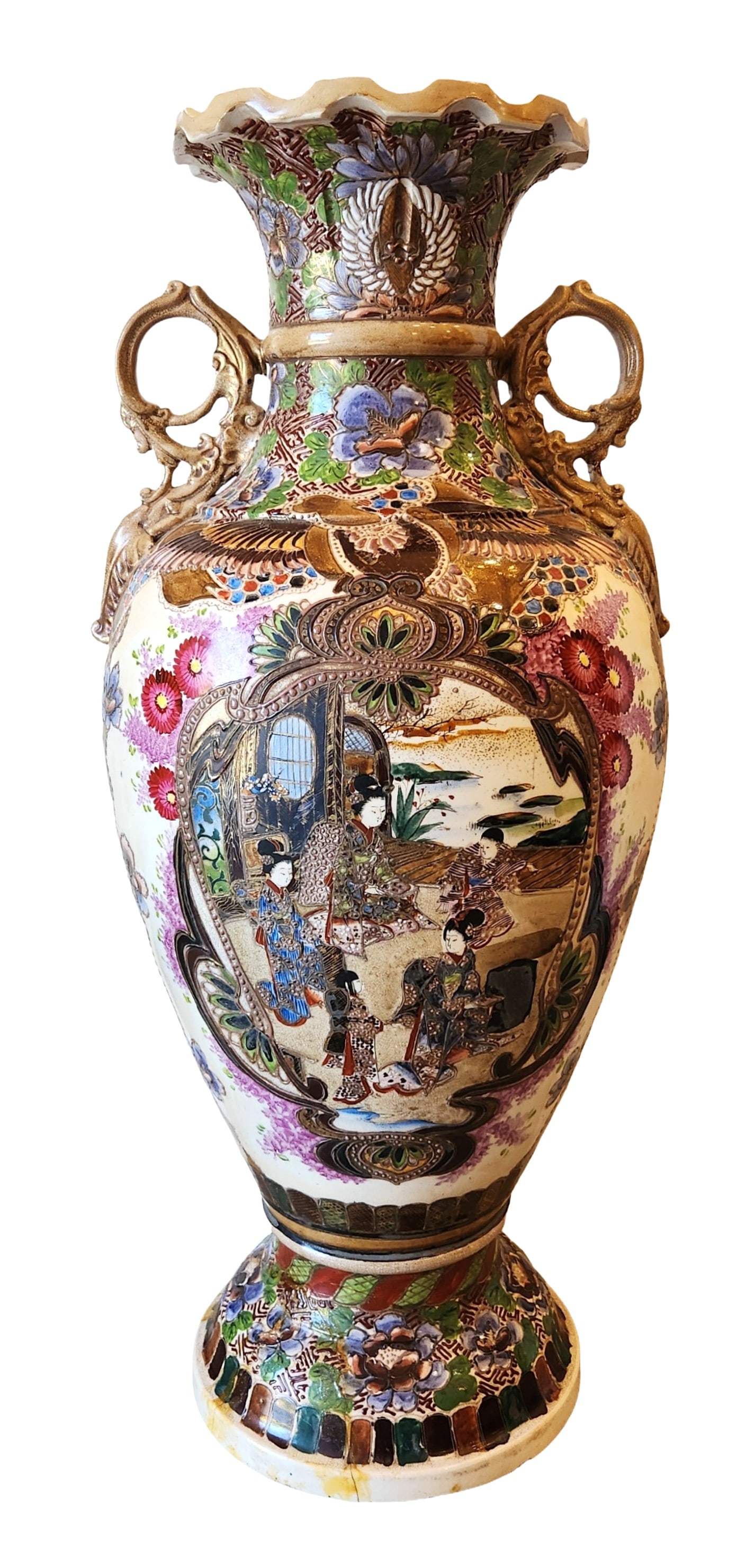 Large Japanese Satsuma-Style Earthenware Vase with Figural Panels and Handles (1 of 8)