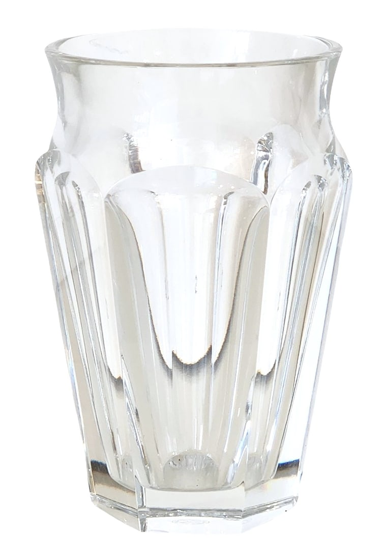 Baccarat Cut Crystal Tumbler Glass: Clear cut crystal tumbler by Baccarat, France, featuring a vertically fluted body with scalloped panel detailing and a faceted base. Elegant proportions with a slightly flared rim, showcasing Baccarat
