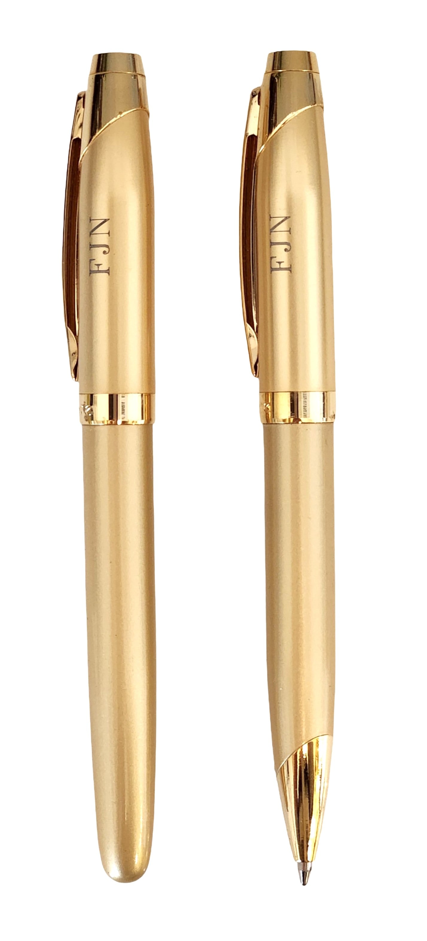 Montefiore Gold Tone Pen and Pencil Set with Case: Montefiore gold tone pen and pencil set, including a ballpoint pen and matching mechanical pencil, presented in the original Montefiore branded case. Both pieces feature a sleek tapered design with