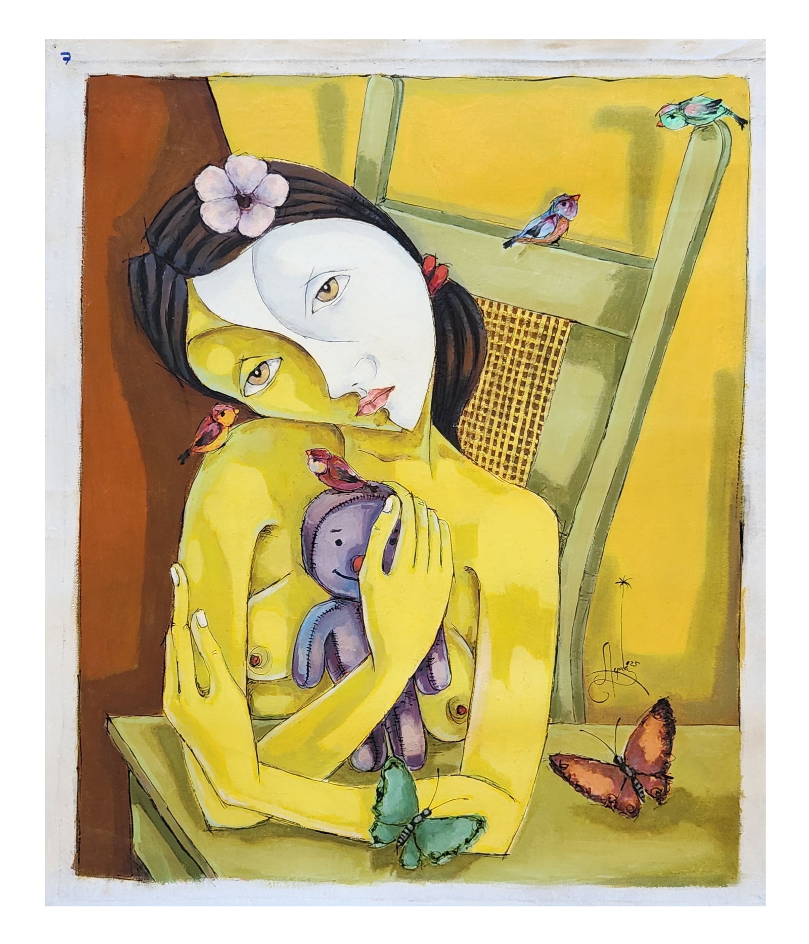 Roger Ayala Perez (Born 1950) Cuba: Roger Ayala Perez (Born 1950) Cuba Year: 2025 Oil on Canvas Measure 26"in H x 21"in W and 28 1/2"in H x 24"in W Complete Canvas no frame Palette: Golden Yellow, Sage Green, Deep Purple (Doll), White S