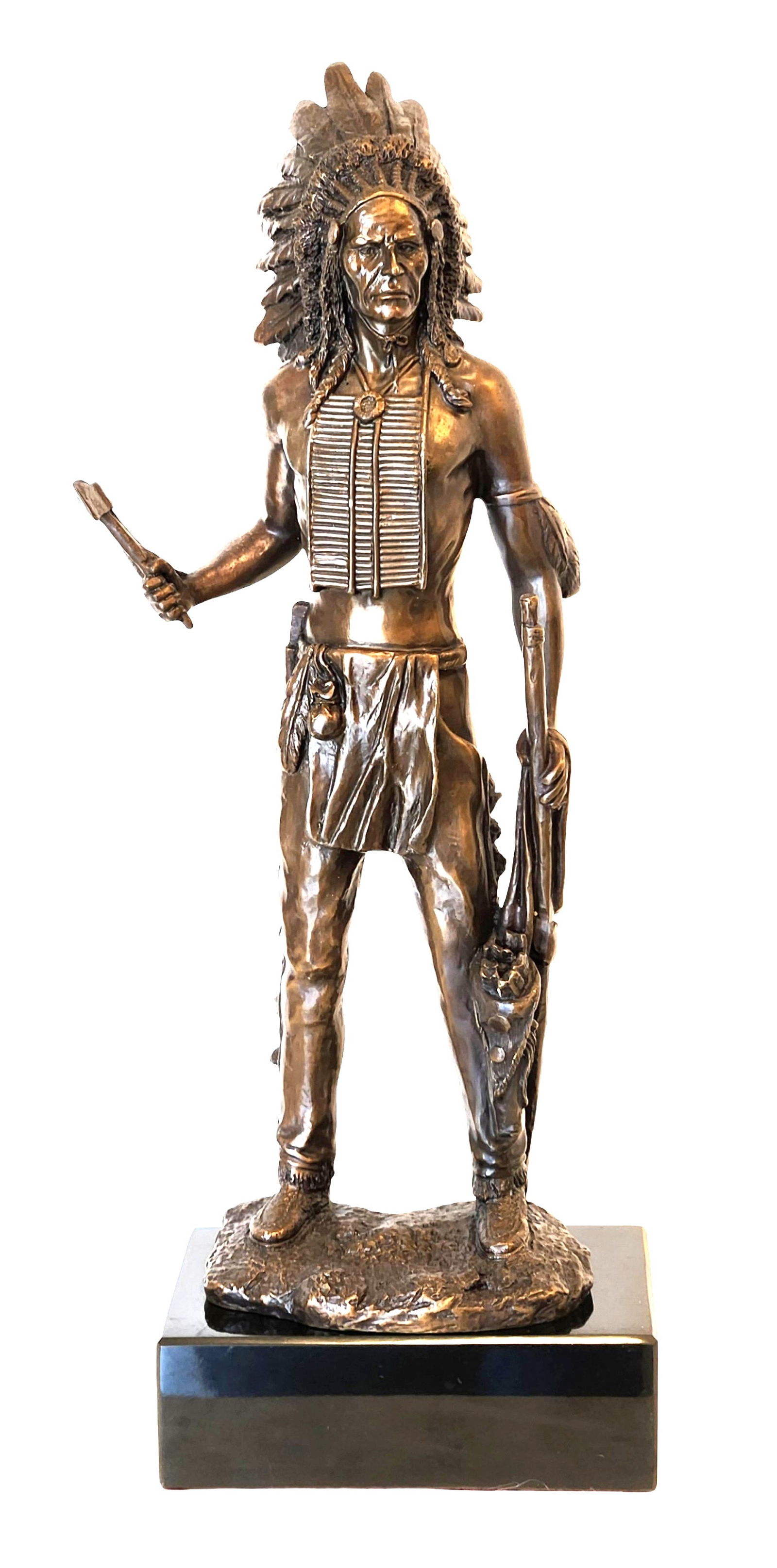 Bronze Finish Native American Warrior Sculpture on Marble Base: Decorative bronze-finish sculpture depicting a Native American warrior standing in full figure. The figure is shown wearing a feathered war bonnet and traditional attire, including a breastplate and l