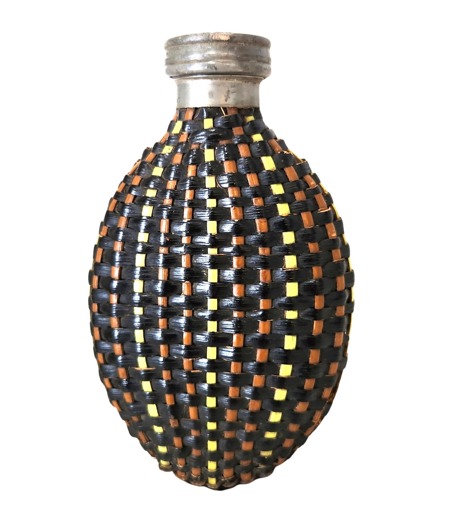 Antique 19th Century Handmade Wicker Wrapped Glass Pewter Liquor Flask Bottle: Antique 19th Century Handmade Wicker Wrapped Glass Pewter Liquor Flask Bottle Measure 5"in H x 3"in W x 1"in D