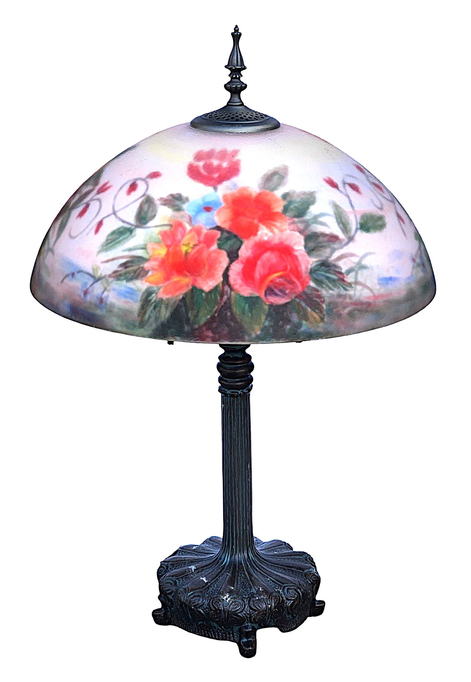 Hand-Painted Floral Glass Table Lamp with Cast Metal Base (1 of 4)