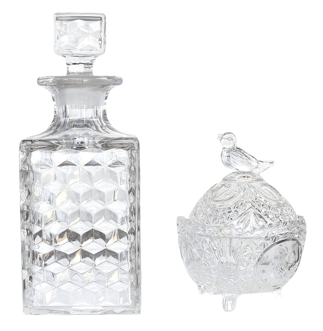 Cut Glass Decanter and Covered Bowl with Bird Finial, Group Lot (1 of 2)