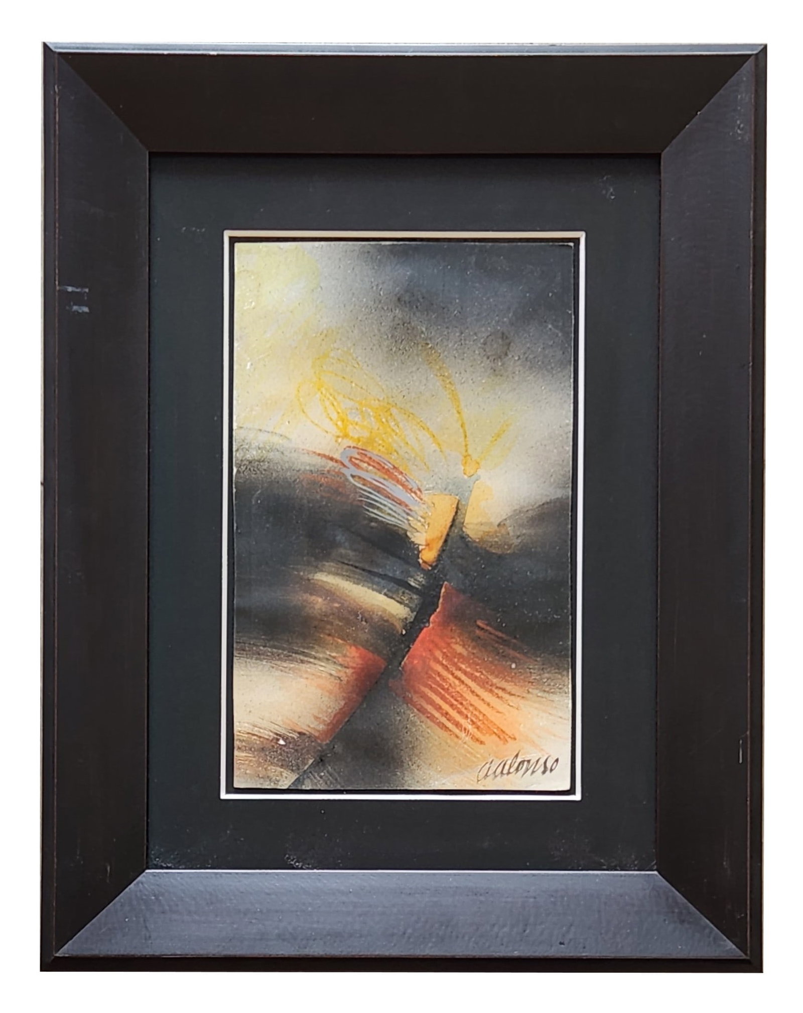 Atmospheric Abstract Composition, Signed A Alonso: A dynamic and atmospheric abstract composition by A. Alonso, rendered in a blend of soft and energetic strokes. The work features sweeping, gestural movements in smoky grays, deep blacks, and vibrant