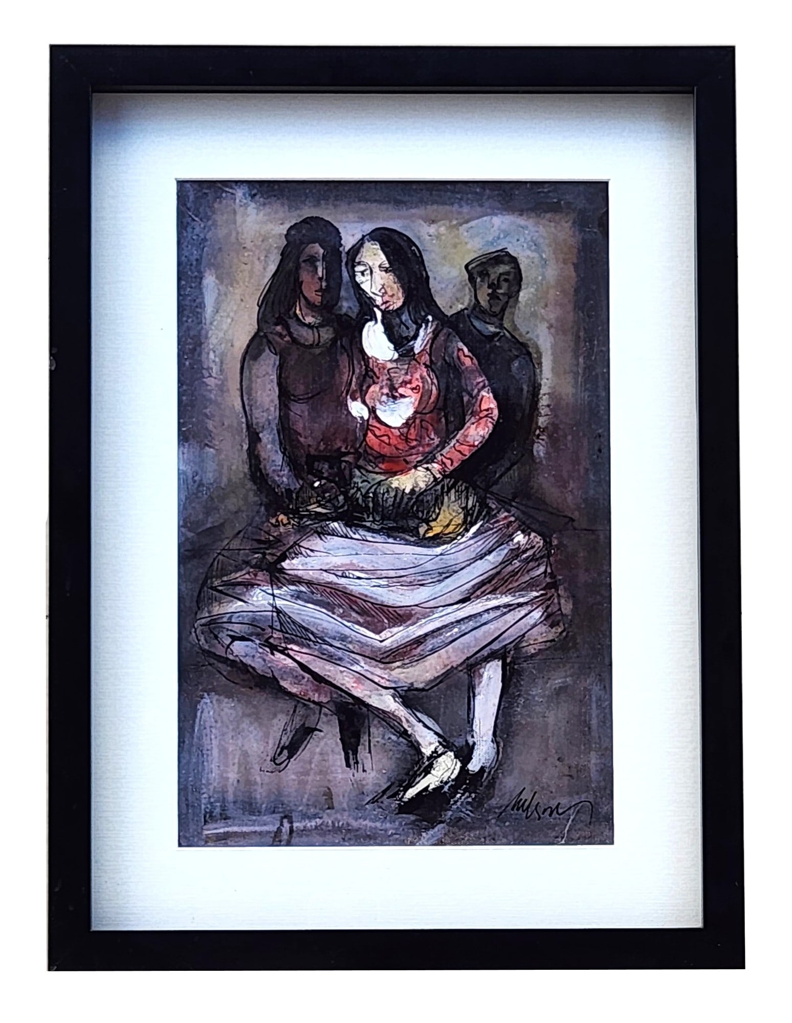 Modernist Composition of Seated Figures — Signed Lower Right: Expressive modernist painting depicting three abstracted seated figures rendered in rich tones of gray, red, and ochre. The composition captures a sense of intimacy and emotion through fluid contour l