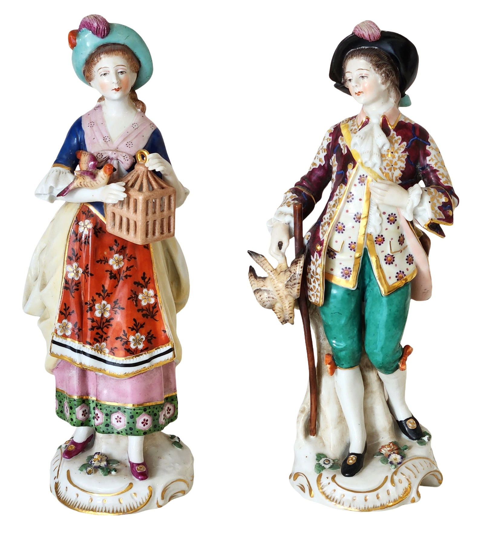 Pair of Continental Porcelain Figures, Man with Game & Woman with Birdcage, 19th Century (1 of 9)