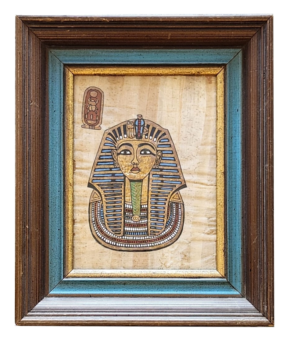 Vintage Egyptian King Tut Papyrus Artwork Framed – Egyptian Wall Art: Decorative Egyptian-style papyrus artwork featuring the iconic King Tutankhamun mask with traditional Egyptian symbols and hieroglyphic imagery. The artwork is printed/painted on papyrus-style paper,