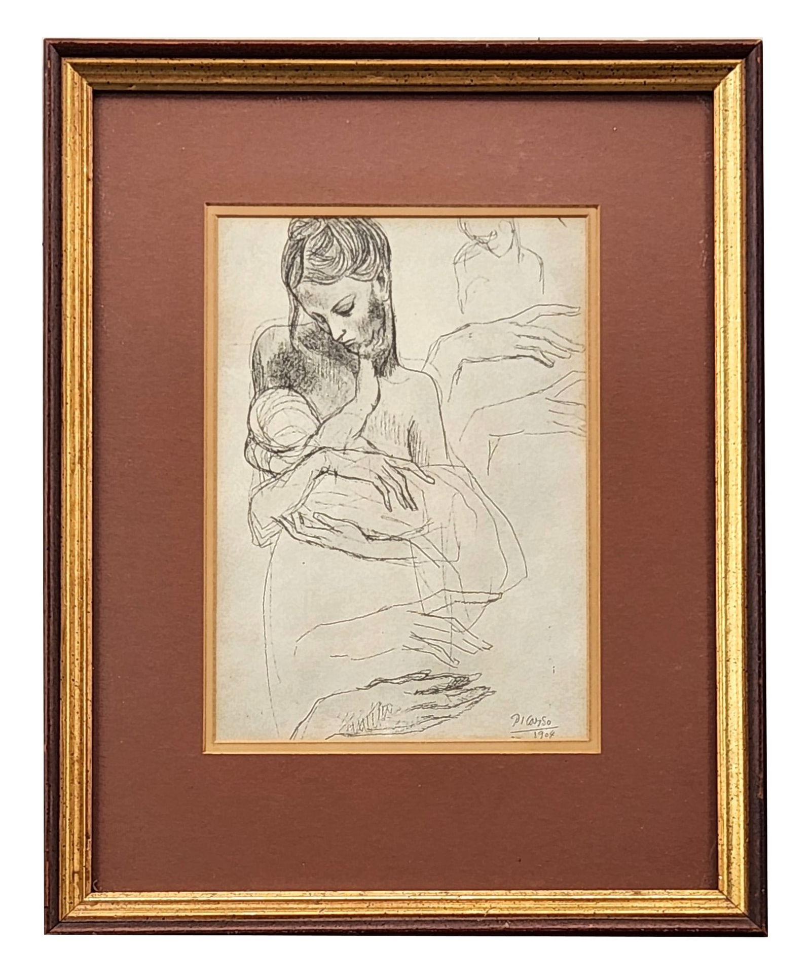 After Pablo Picasso “Mother and Child and Four Studies for a Right Hand?? 1904 Print – Framed: Framed print after Pablo Picasso titled Mother and Child and Four Studies for a Right Hand (1904). The artwork depicts a tender mother holding a child with additional hand studies surrounding the figu