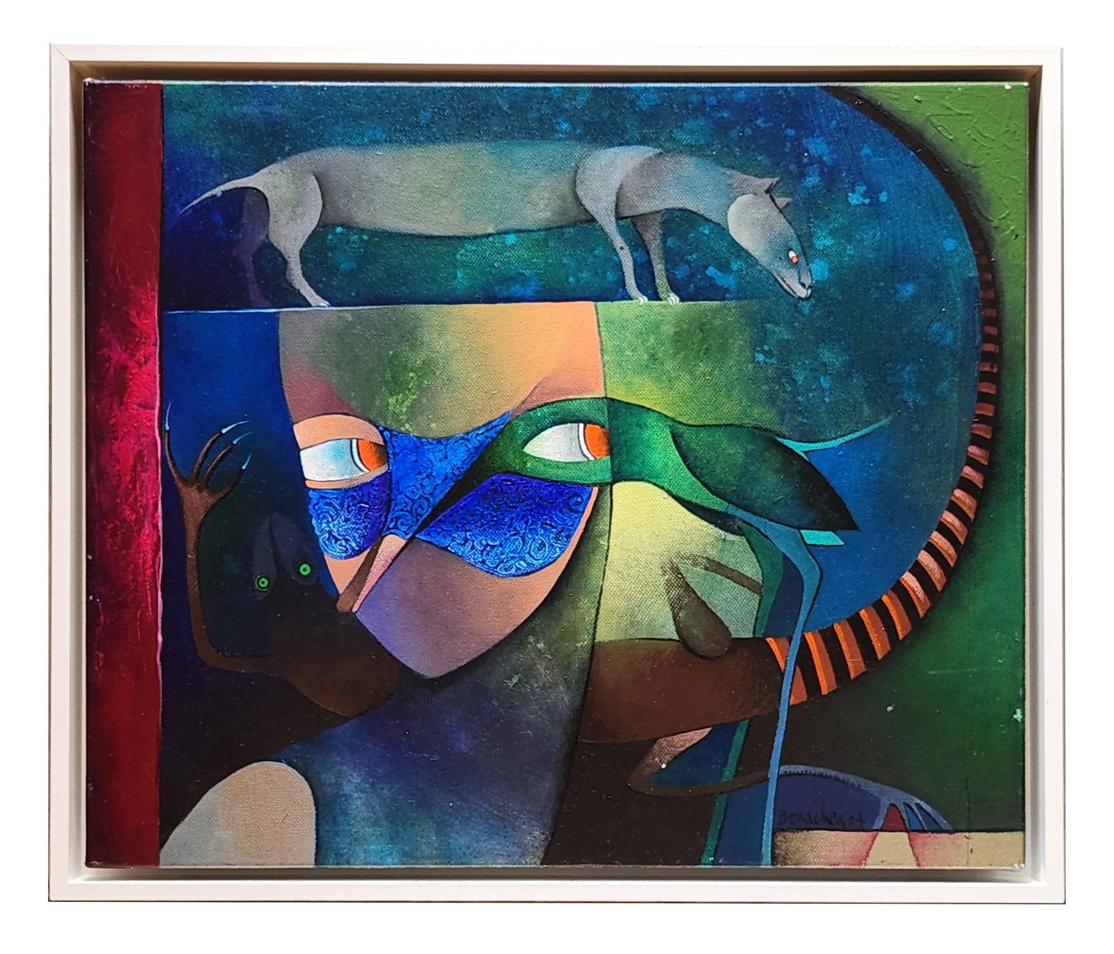 Juan Vicente Rodriguez Bonachea (Born 1957) Cuba: Juan Vicente Rodriguez Bonachea (Born 1957) Cuba Title: Te conozco mascarita Acrylic on Canvas Date: 2004 Measure 16 1/2"in H x 19 3/4"in W and 18"in H x 21 1/4"in W framed