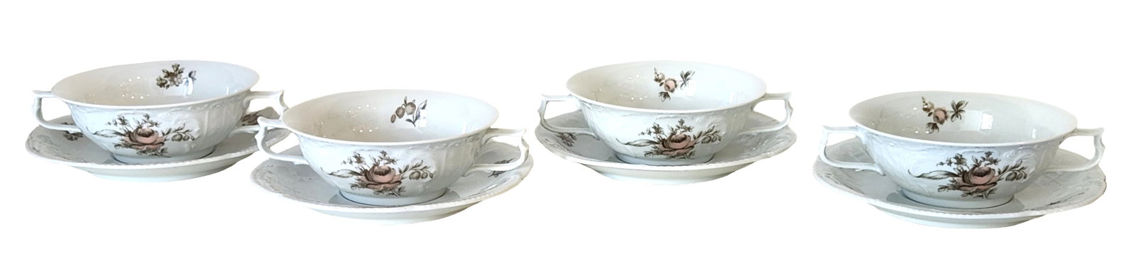 Rosenthal Classic Rose Collection Porcelain Cream Soup Cups and Saucers, Germany (Set of 4): Elegant set of four porcelain cream soup cups with matching saucers from the Rosenthal Classic Rose Collection, made in Germany. Each cup features a graceful double-handled form and is decorated with