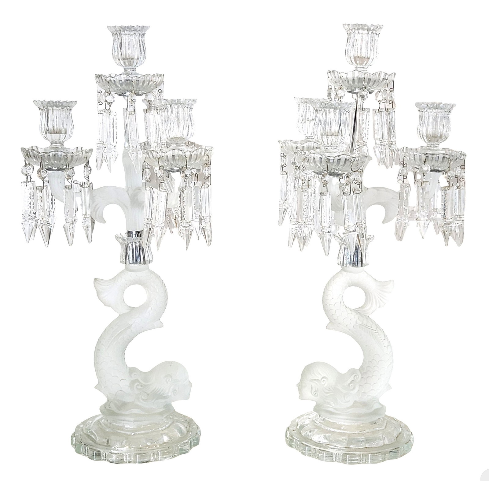 Pair of Art Deco Style Frosted Glass Mermaid Candelabra Lamps with Crystal Prisms: Striking pair of Art Deco style candelabra lamps featuring sculptural frosted glass bases formed as mermaid figures with curling fish tails. Each base rises from a round clear glass pedestal and suppo