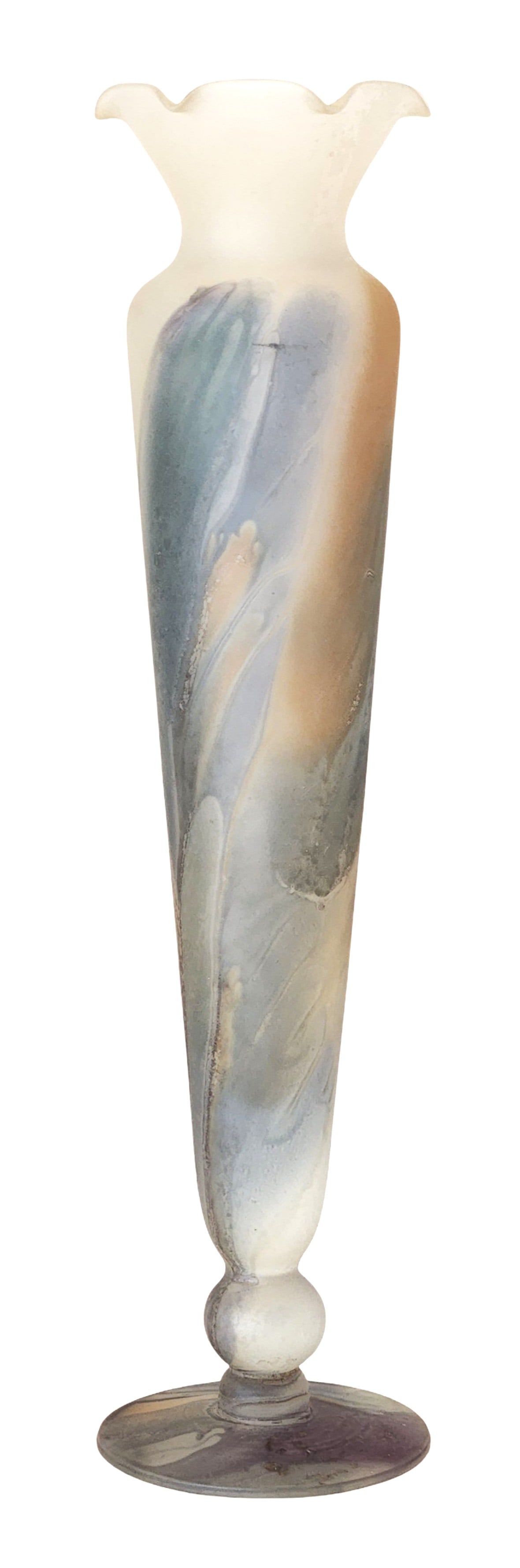 Nouveau Art Glass Hand-Painted Vase by Rueven: Elegant hand-painted art glass vase featuring a tall, slender form with a gently flared and scalloped rim. The vase is crafted from frosted art glass and decorated with flowing abstract swirls of blue