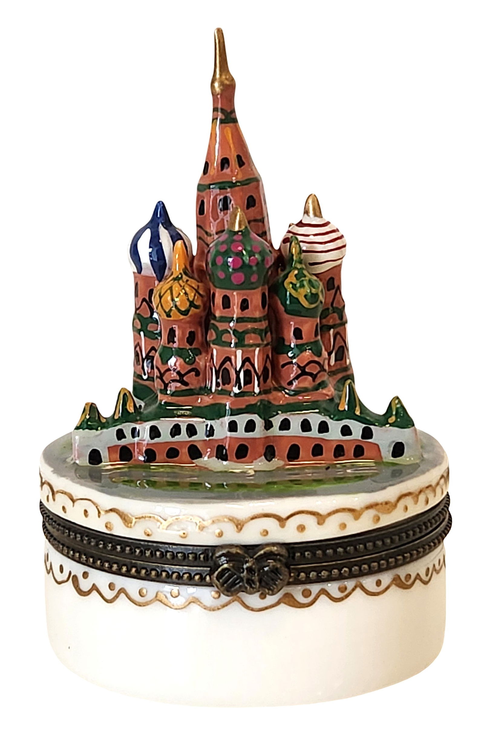 St. Basil’s Cathedral Style Porcelain Hinged Trinket Box: Decorative porcelain trinket box featuring a colorful sculptural lid modeled after St. Basil’s Cathedral in Moscow, Russia. The miniature architectural scene is hand-painted in vibrant colors, highl