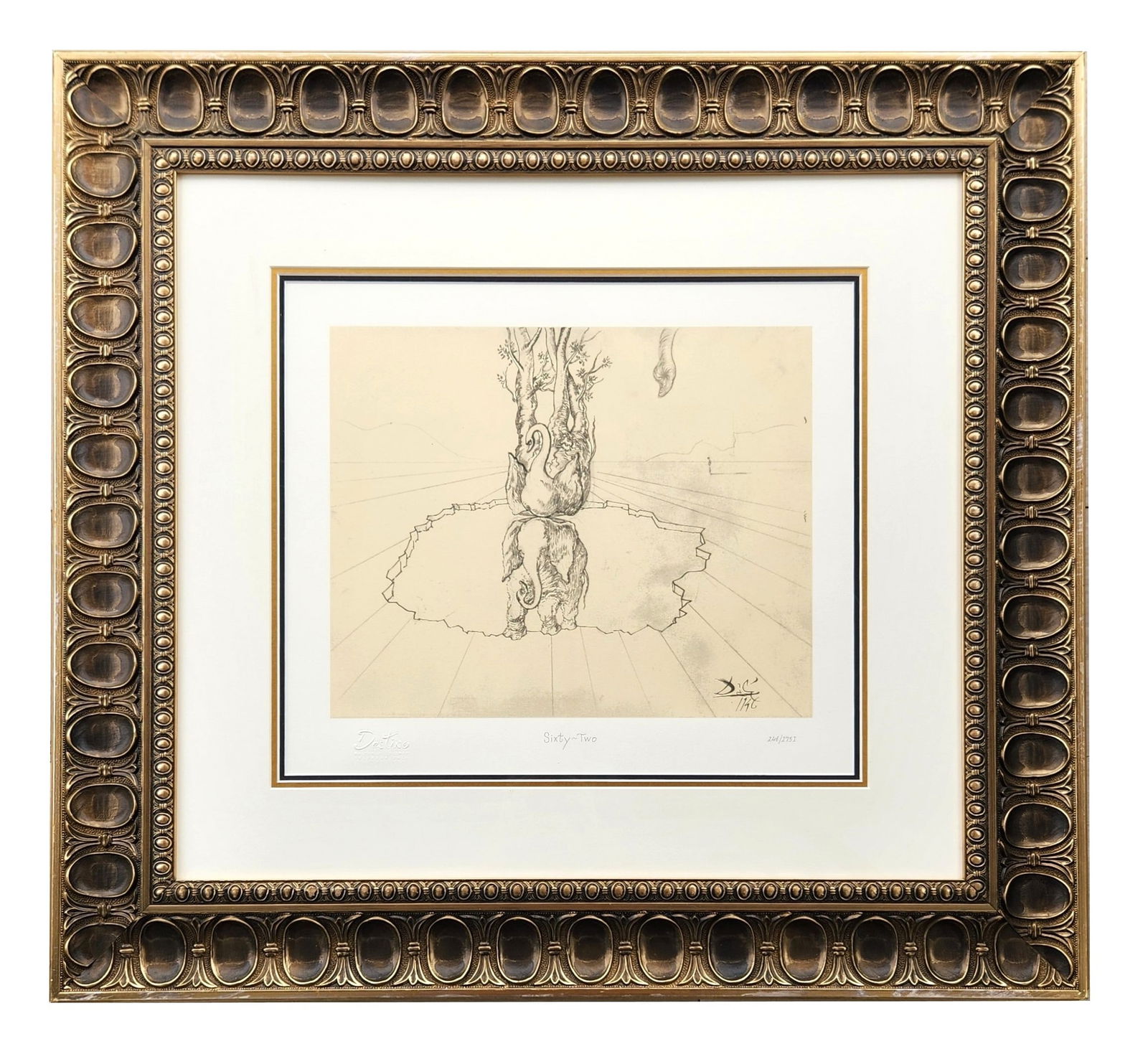 Salvador Dalí “Sixty-Two?? Destino Limited Edition Lithograph Walt Disney Collaboration: Framed limited edition Salvador Dalí lithograph titled “Sixty-Two,” created in connection with the famed Destino project, the collaboration between Salvador Dalí and Walt Disney. The surreal