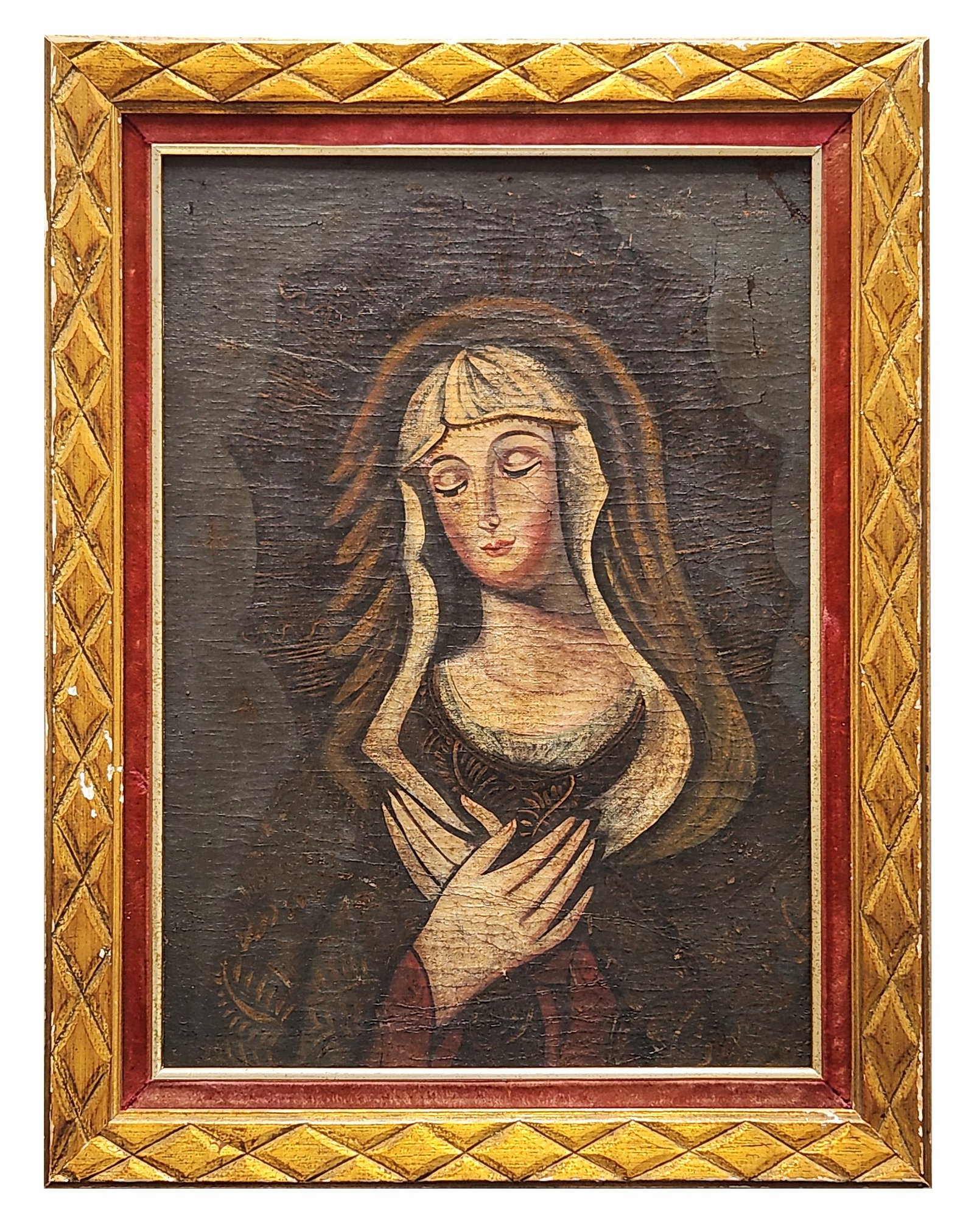 Vintage Religious Madonna Portrait Painting on Canvas in Gilt Frame: Vintage religious portrait painting of the Madonna, rendered in a stylized devotional manner. The image depicts the Virgin Mary with bowed head and hands crossed over her chest, surrounded by a halo w