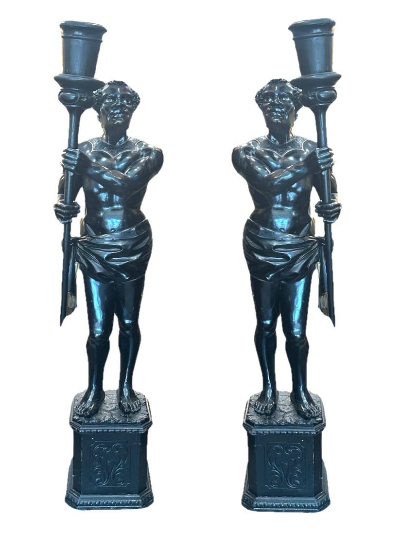 Antique Rare Large Pair of Carved Wood Blackamoor Figures with Crystal Eyes: Antique Rare Large Pair of Carved Wood Blackamoor Figures with Crystal Eyes Measure 72"in H x 13"in W x 13"in D
