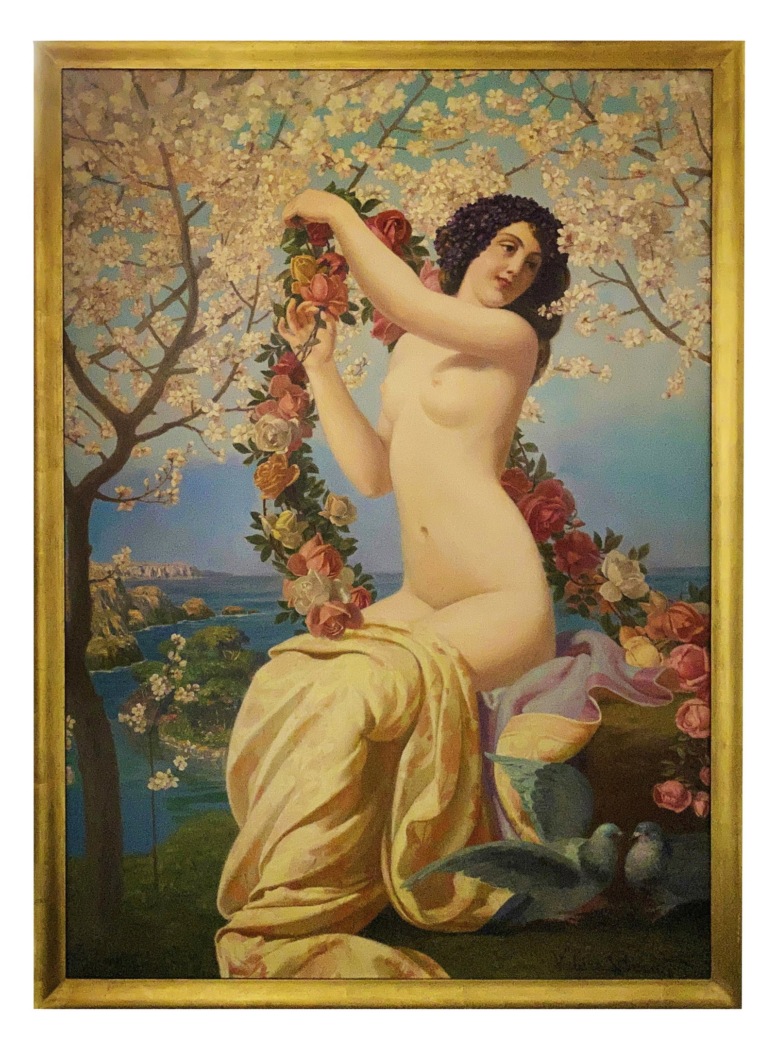 Valere Bernard (c.1860 - 1936) France: Valere Bernard (c.1860 - 1936) France Title: An Allegory of Spring Oil on Canvas Signed lower right Valere Bernard Measure: 65"H x 45"W and 70"in H x 50"in W framed Name variants: Francois Marius Vale