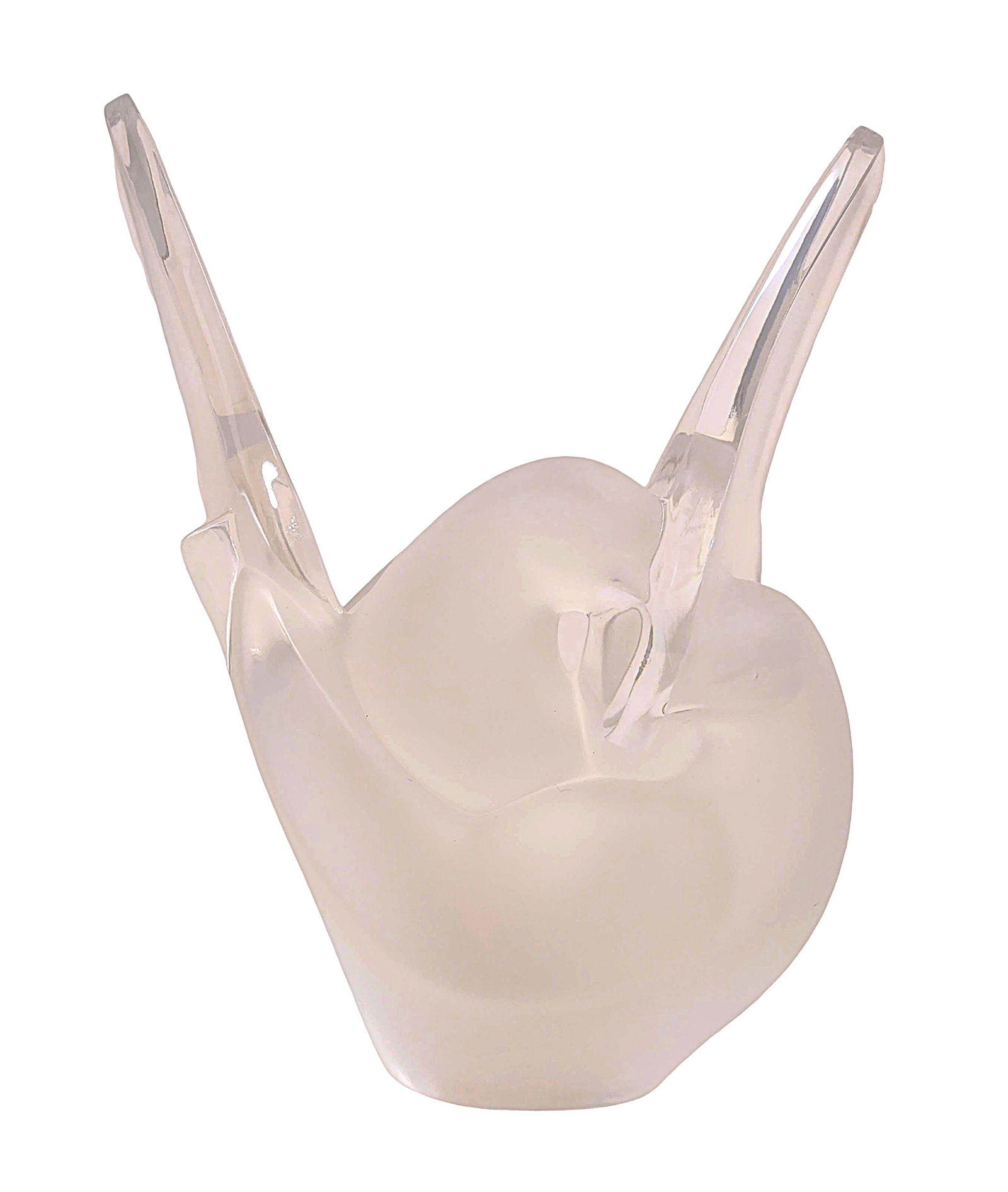 Lalique France Crystal Sculpture – Doves: A signed Lalique France crystal sculpture depicting two doves with raised wings, crafted in a combination of clear and frosted finishes. This elegant piece exemplifies Lalique’s signature style of n