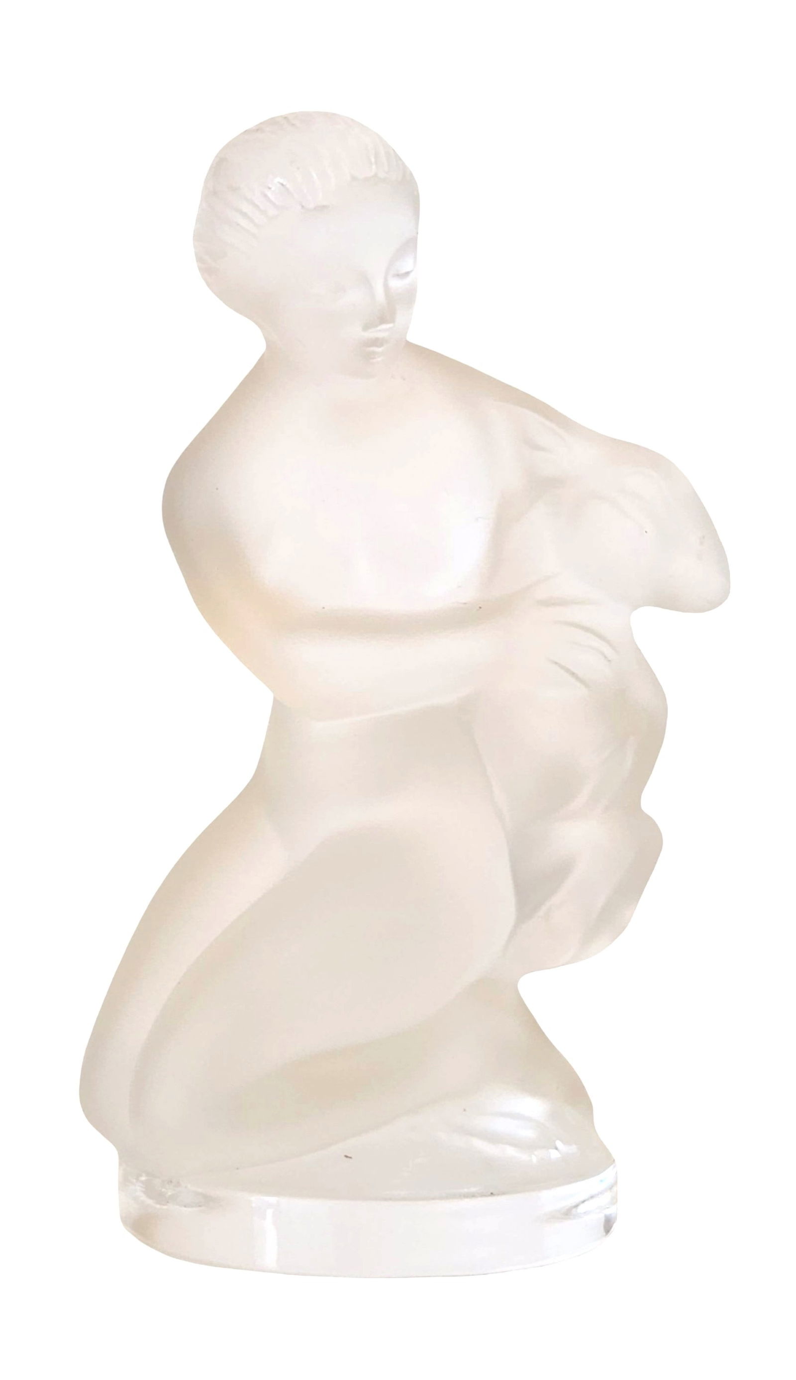 Lalique France Frosted Crystal Figurine – Kneeling Woman with Rabbit: Signed Lalique France frosted and clear crystal figurine depicting a kneeling woman tenderly holding a rabbit. Classic Lalique design, combining smooth frosted surfaces with clear crystal accents, cre