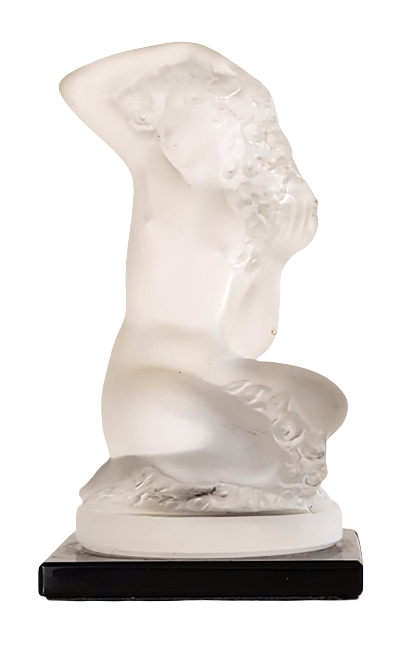 Signed Lalique France Frosted Crystal Nude Figure Sculpture with Black Base: Elegant Lalique France frosted crystal figurine, depicting a seated nude woman with flowing hair, mounted on a black crystal or glass base. A classic example of Rene Lalique's legacy in glass sculptur