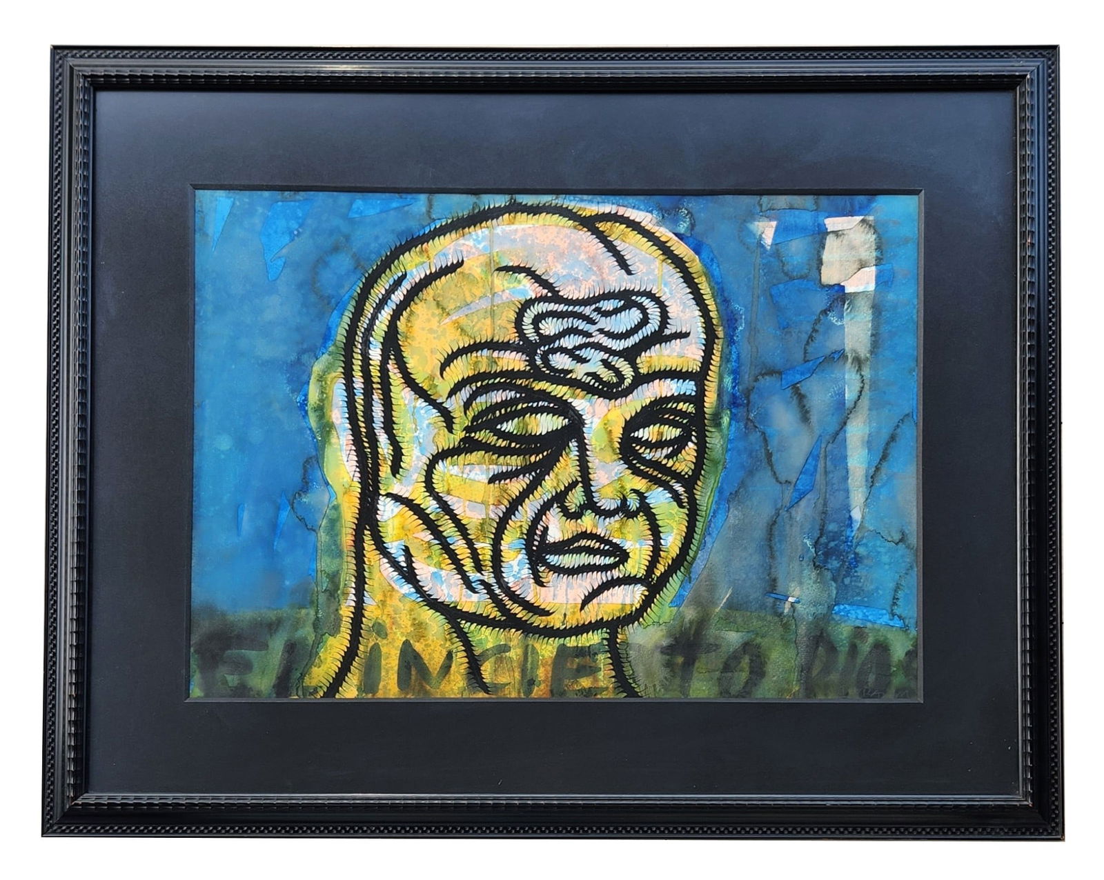 Contemporary Expressionist Mixed-Media Portrait with Text, Illegibly Signed: Dynamic contemporary mixed-media portrait featuring a stylized male head outlined in bold black contours against a richly layered abstract background of blues, yellows, and greens. The artist employs