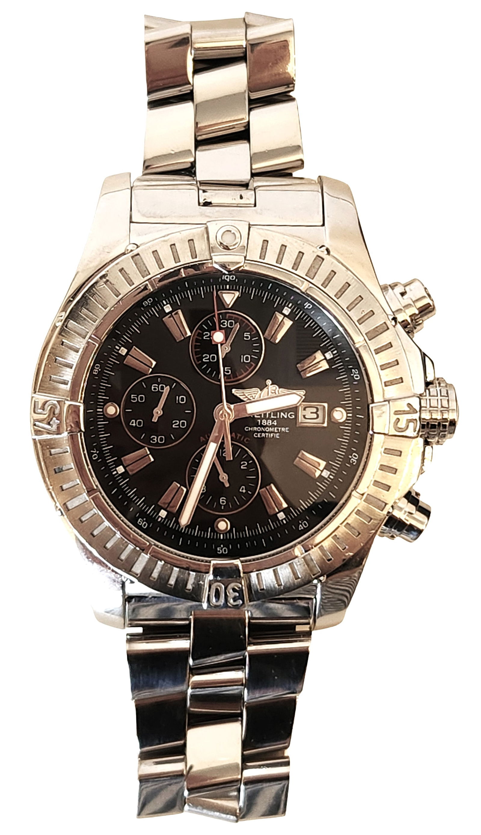 Breitling Super Avenger Automatic Chronograph Stainless Steel Wristwatch with Box & Papers: Breitling Super Avenger automatic chronograph wristwatch in stainless steel with black dial and matching stainless steel bracelet. The watch features a large round case with a unidirectional rotating