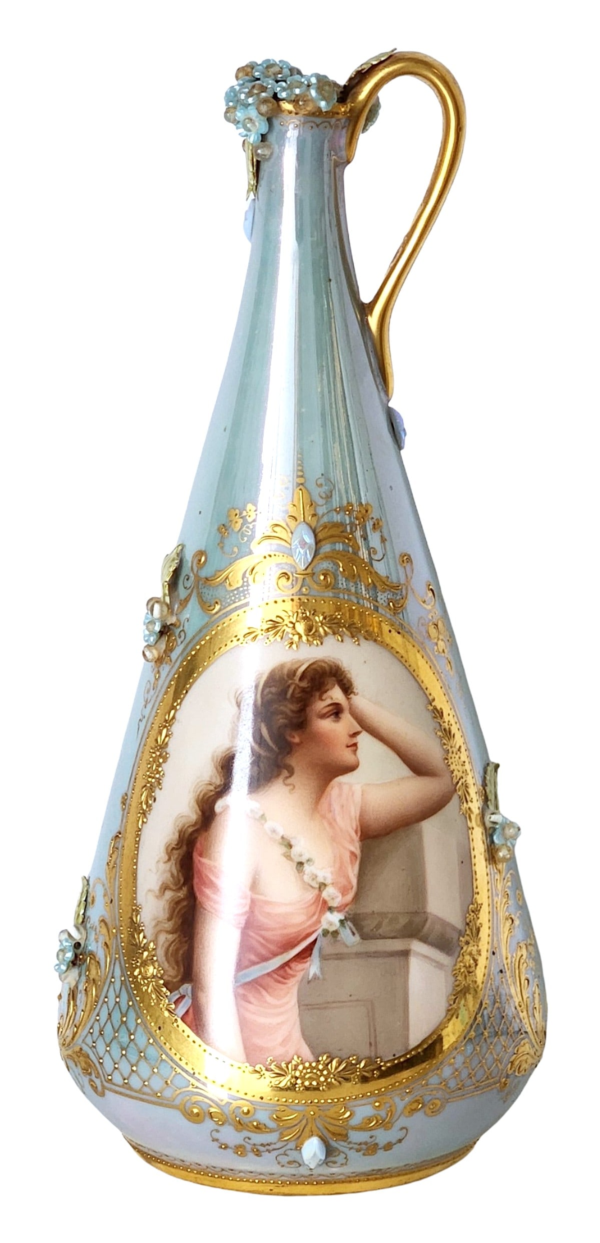Royal Vienna Porcelain Ewer with Hand-Painted Portrait and Gilt Decoration: Royal Vienna porcelain ewer of elegant tapering form, decorated in pale celadon tones with extensive gilt embellishment. The body is centered by a finely hand-painted portrait of a classical maiden in