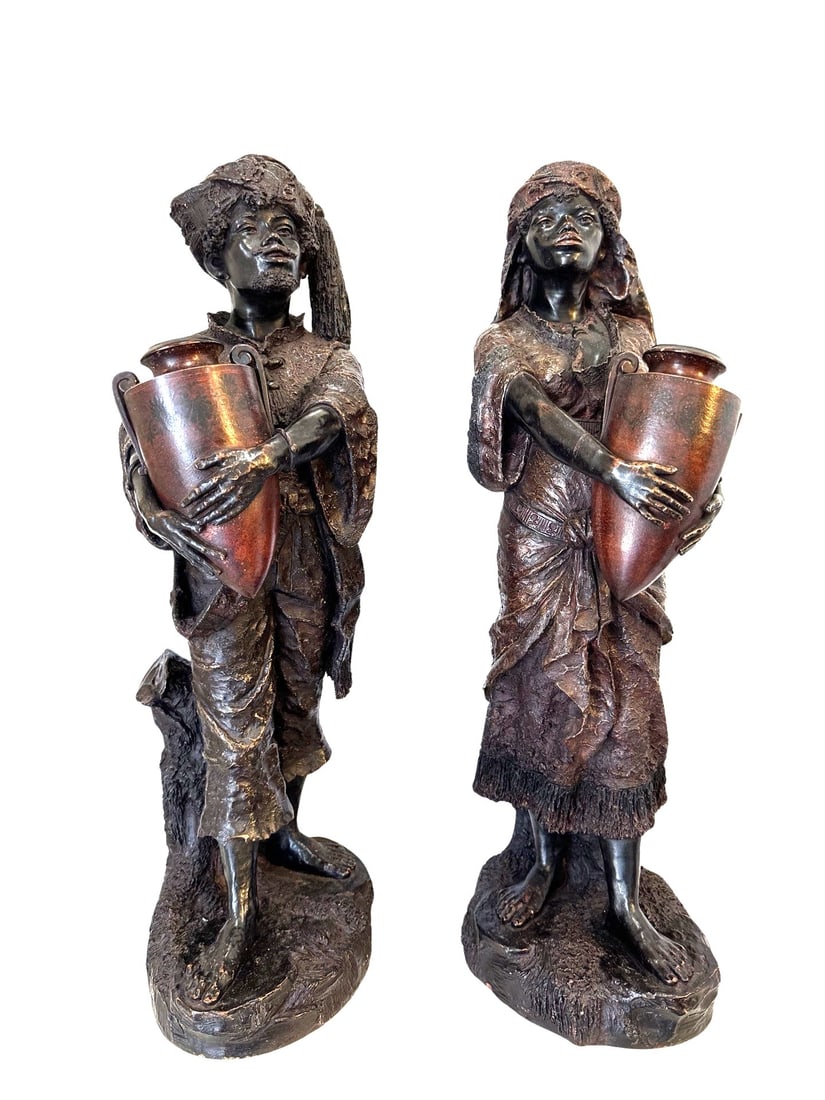 Pair of Late 19th Century Orientalist Terracotta Nubiens Busts Attributed Friedrich Goldscheider: Pair of Late 19th Century Orientalist Terracotta Nubiens Busts Attributed Friedrich Goldscheider Late 19th Century Creation Year: Circa 1890 Measure 27"in H x 9"in W x 7 1/4"in D