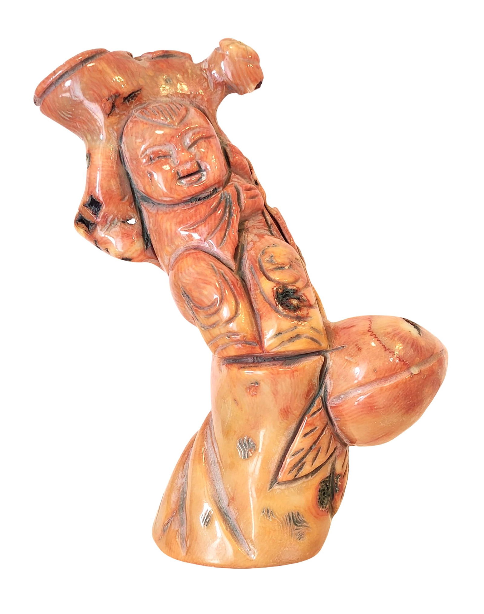 Antique Carved Red Coral Figure of Immortal with Peach, Mid-20th Century: A Mediterranean red coral carving worked from a natural branch, depicting an immortal figure holding a peach, symbol of longevity. Finely detailed facial expression and robes are complemented by the o