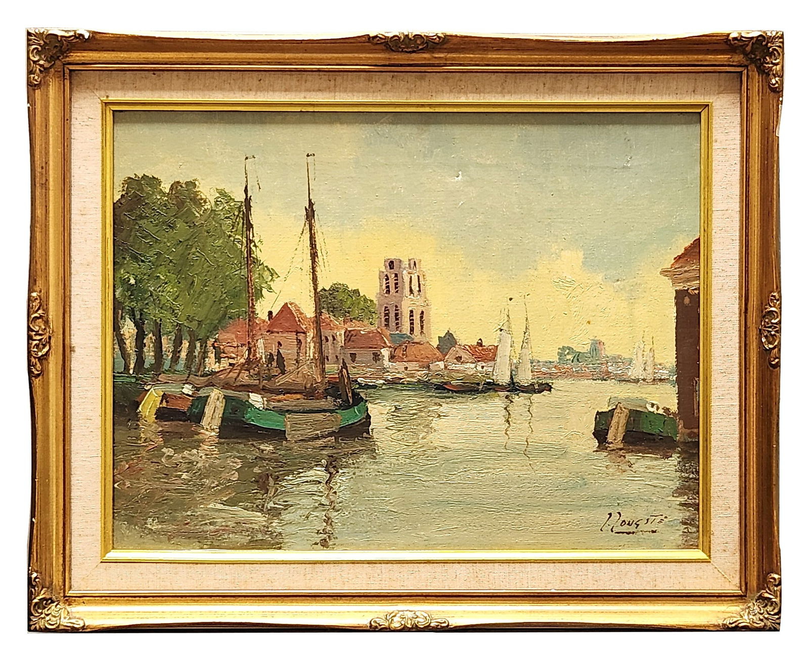 Signed Harbor Scene Oil Painting with Sailboats and Village Church (1 of 6)