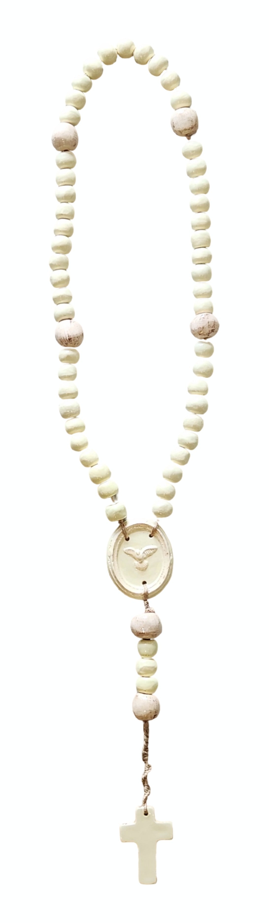 Large Handmade Ceramic Rosary Wall Hanging – Cream Glaze with Dove and Cross: Impressive oversized ceramic rosary wall hanging, handmade and glazed in a soft ivory/cream tone. The design features chunky round and oval ceramic beads strung on twine, a central oval medallion with