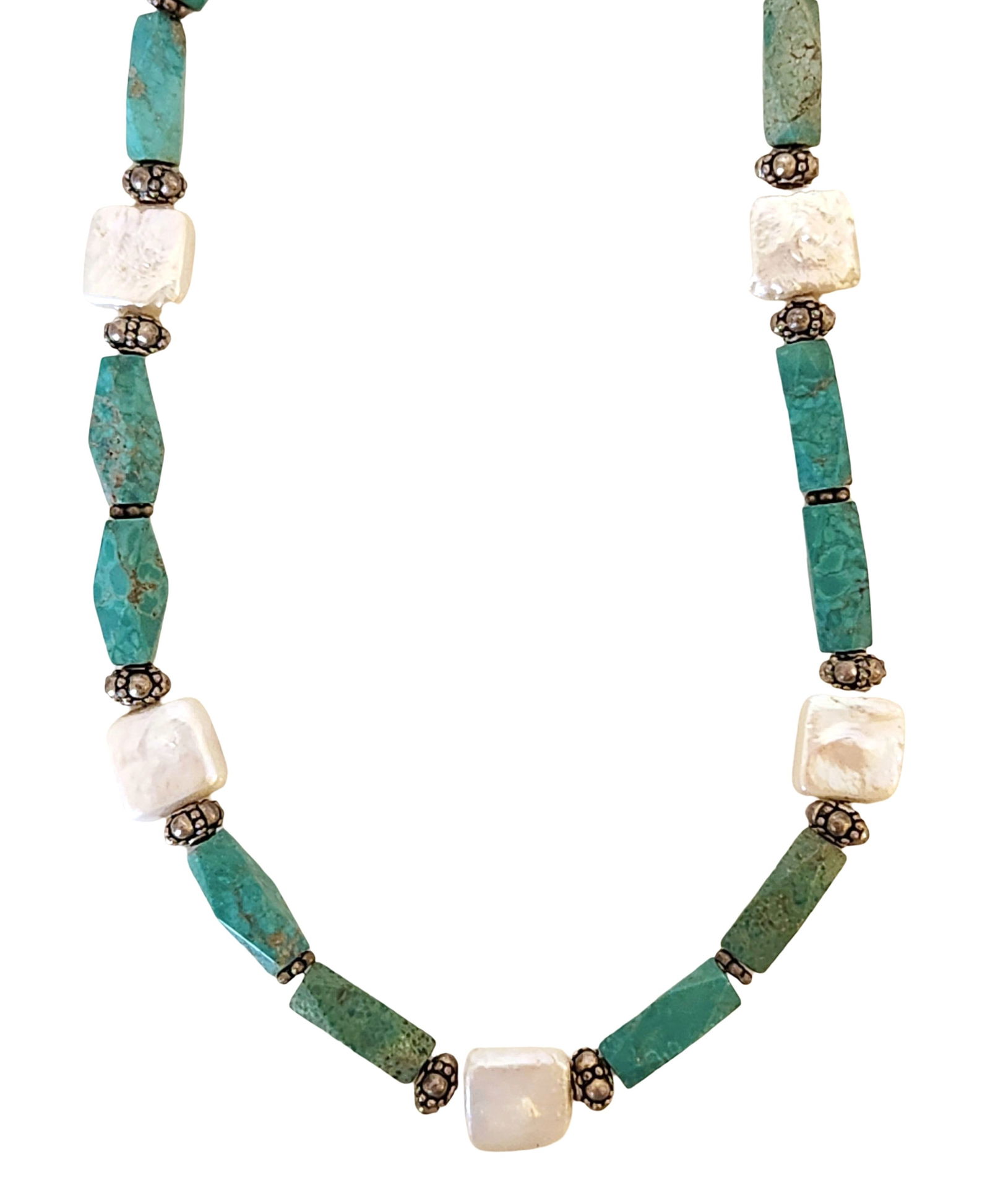 Sterling Silver Necklace with Turquoise Beads & Freshwater Pearls: A beautiful sterling silver beaded necklace featuring a natural mix of turquoise nugget-cut beads, alternating with square freshwater pearl beads and detailed sterling silver spacer accents. The turqu