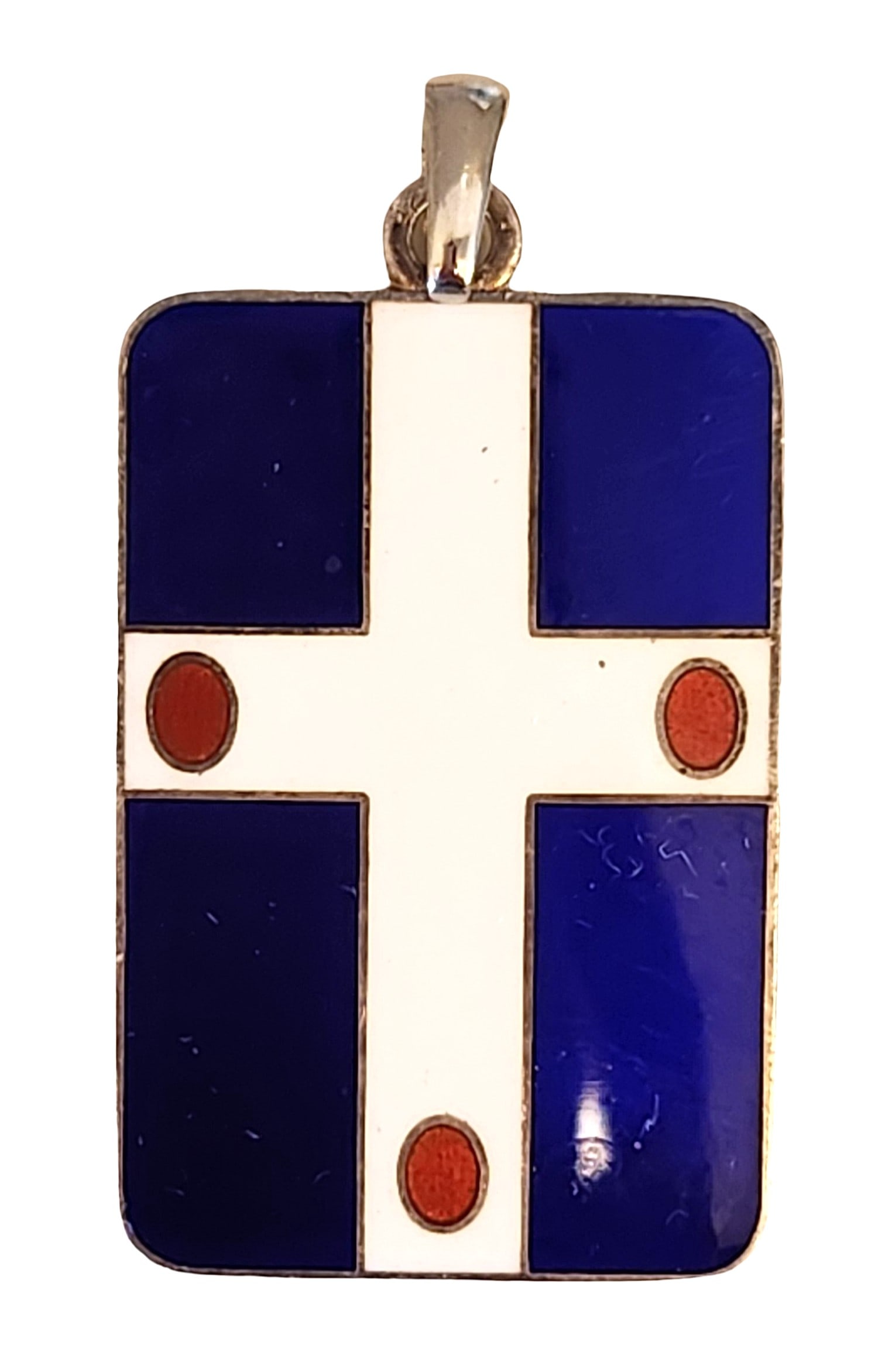 Sterling Silver & Blue Enamel Cross Pendant with Red Accents: Rectangular cross pendant crafted in sterling silver, featuring deep blue enamel panels with a white cross motif and three small red enamel or stone accents. The pendant is finished with a textured si