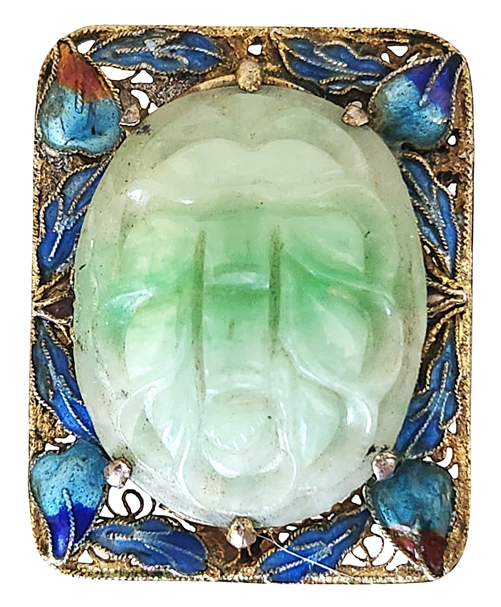 Chinese Export Silver Filigree Enamel and Carved Stone Buddha Brooch, 18K Clasp: Chinese export brooch featuring an intricately worked silver filigree frame accented with blue and turquoise enamel floral and leaf motifs. The center is set with a carved green stone Buddha head, exe