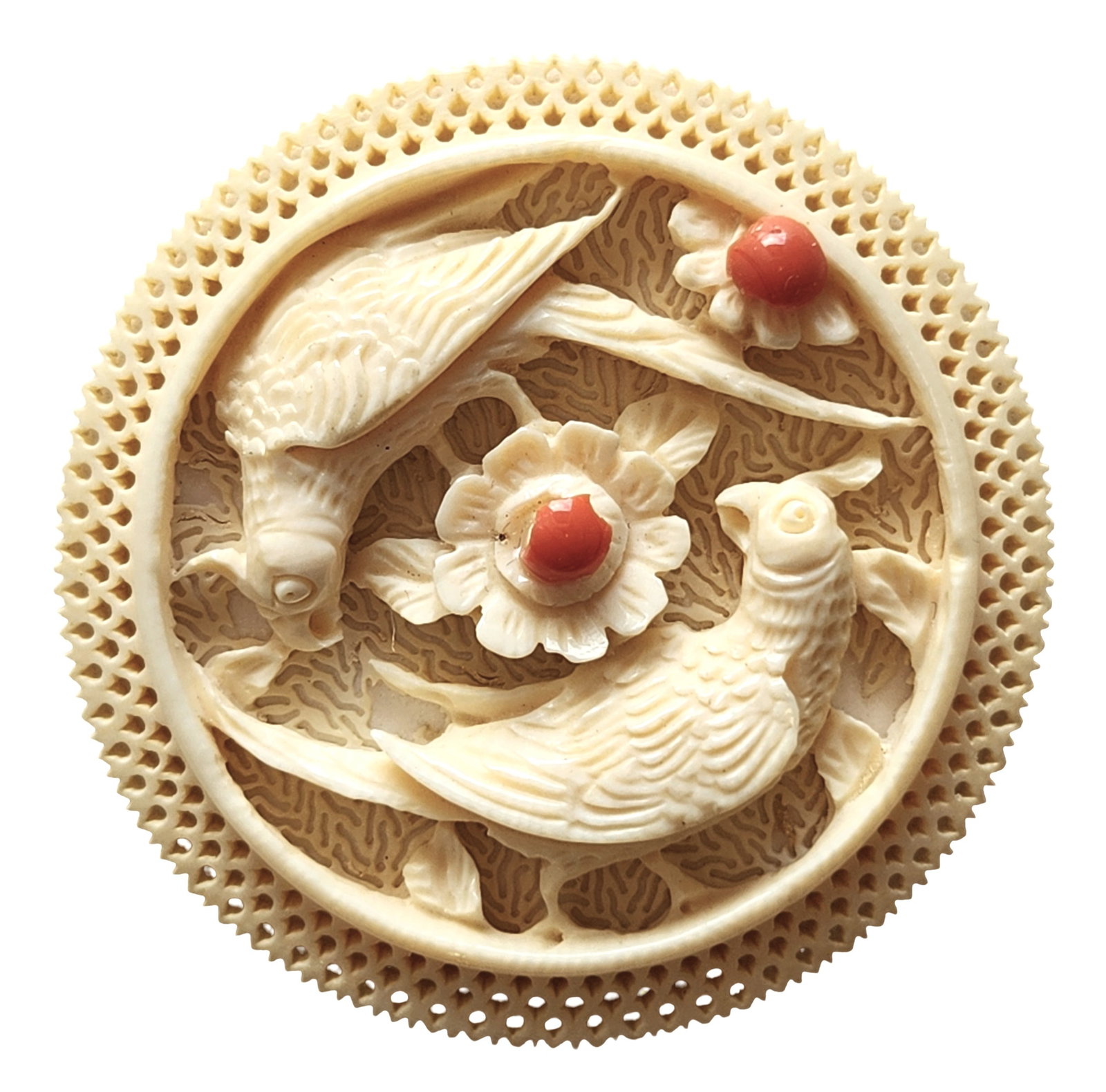 Chinese Carved with Coral Bird Motif Brooch / Pendant: Chinese carved brooch or pendant featuring an intricate openwork design depicting two birds among flowering branches. The central floral element and upper blossom are accented with small red coral cab