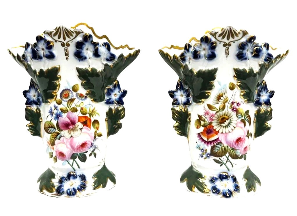 Pair of Antique English Porcelain Spill Vases with Hand-Painted Floral Decoration and Gilt Accents (1 of 8)