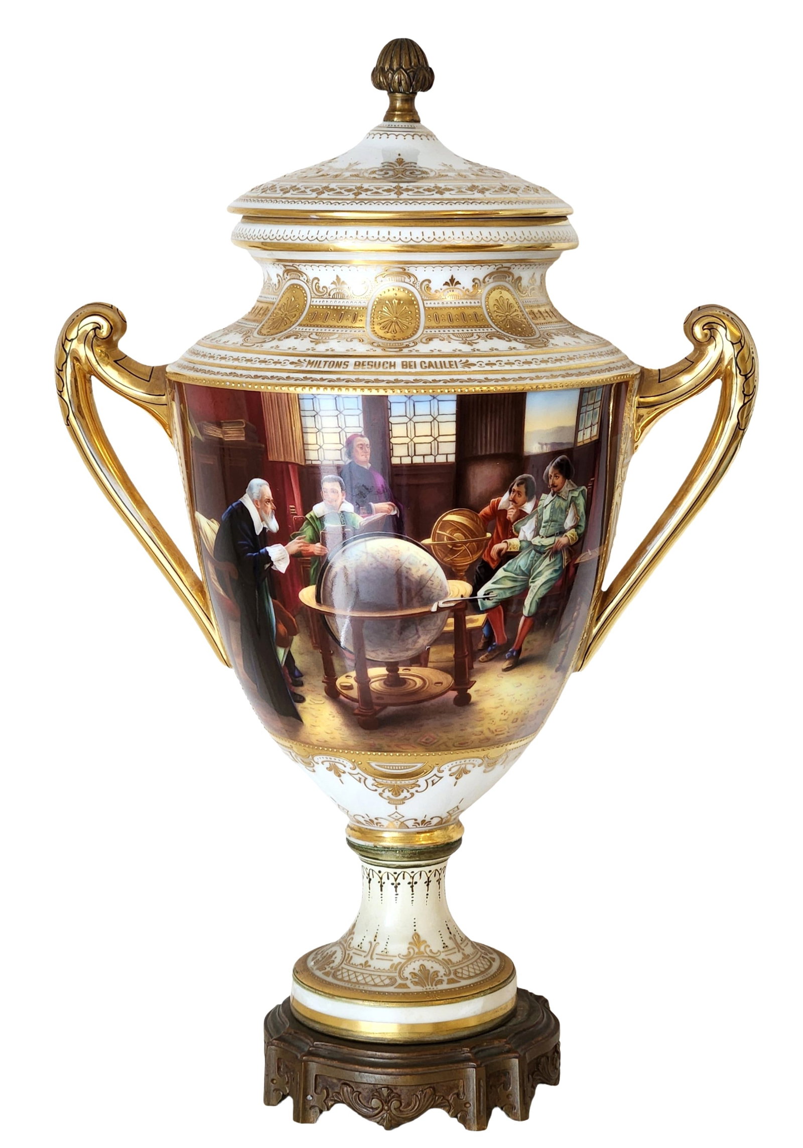 Large Royal Vienna Porcelain Covered Urn with Gilt and Hand-Painted Scenes, Marked, 19th Century: Exquisite 19th-century Royal Vienna porcelain covered urn with finely hand-painted figural scenes and lavish gilt decoration throughout. One panel depicts “Milton’s Besuch bei Galileo” (Milt