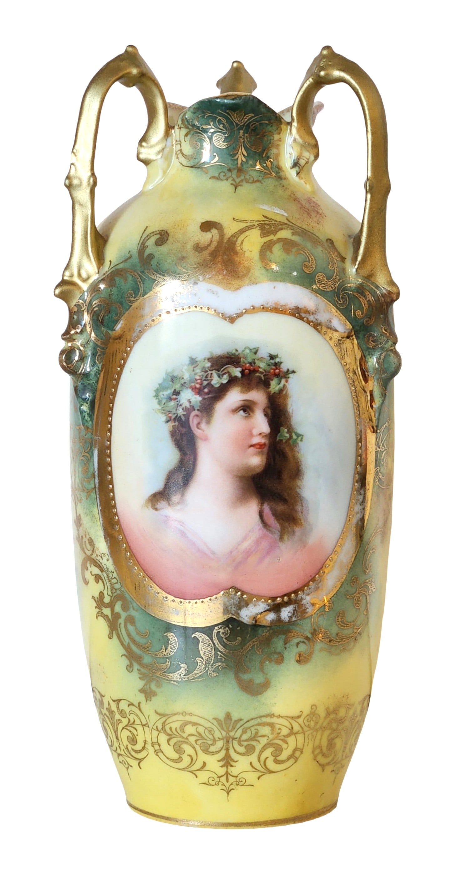 Royal Saxe Germany Hand-Painted Portrait Art Nouveau Vase: Elegant Royal Saxe Germany porcelain portrait vase, dating to the late 19th–early 20th century. The vase features a finely painted Art Nouveau maiden portrait framed within a raised gilt cartouche,