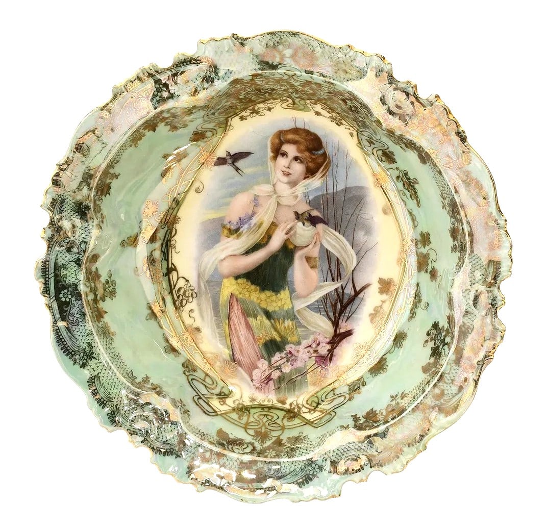 Antique German Art Nouveau Porcelain Cabinet Bowl – Hand-Painted Maiden & Birds, Prov Svc C.S.: A beautiful antique German Art Nouveau porcelain cabinet bowl, richly decorated with an elaborate hand-painted portrait of a maiden surrounded by blossoms and birds. The interior features soft pastel